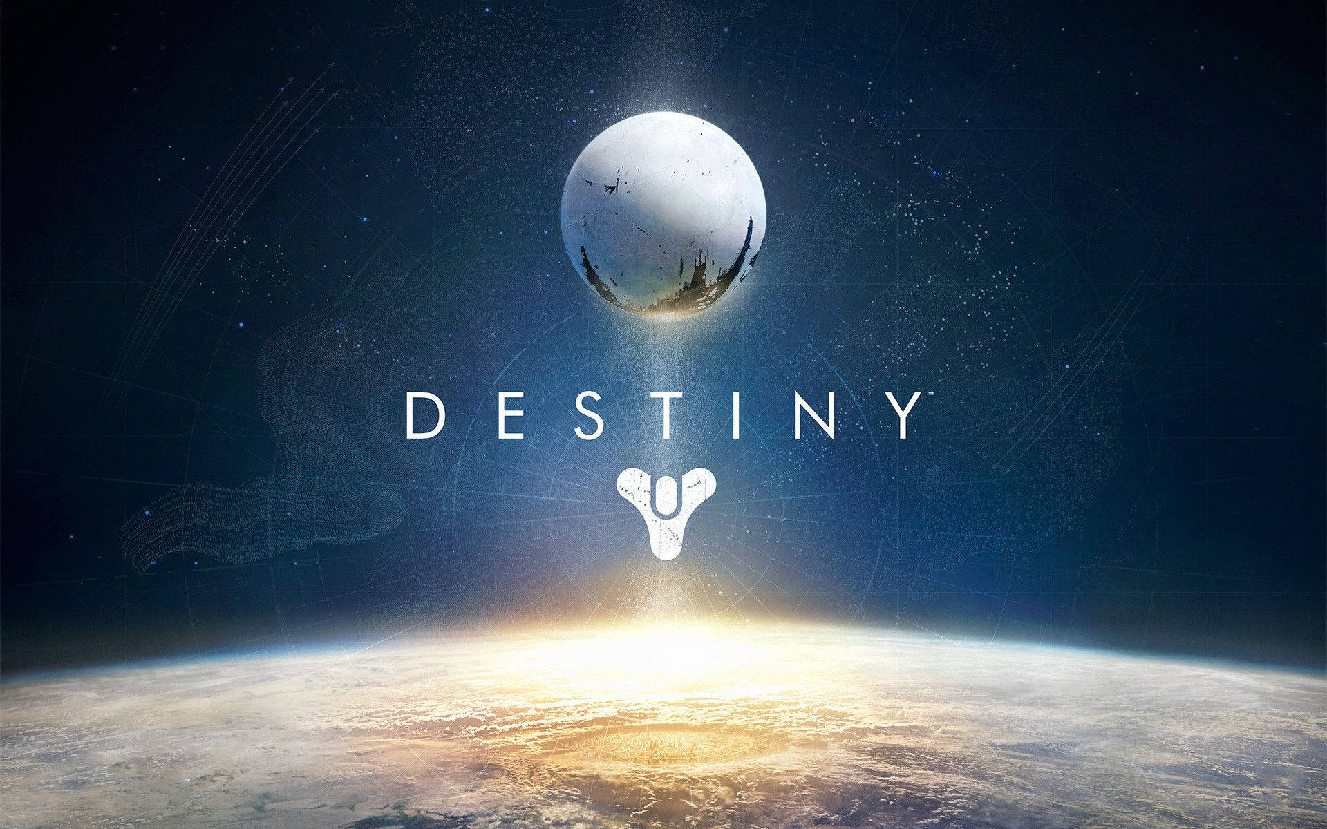 一顆發光的行星在宇宙地平線上升起，有月亮和Destiny字樣。