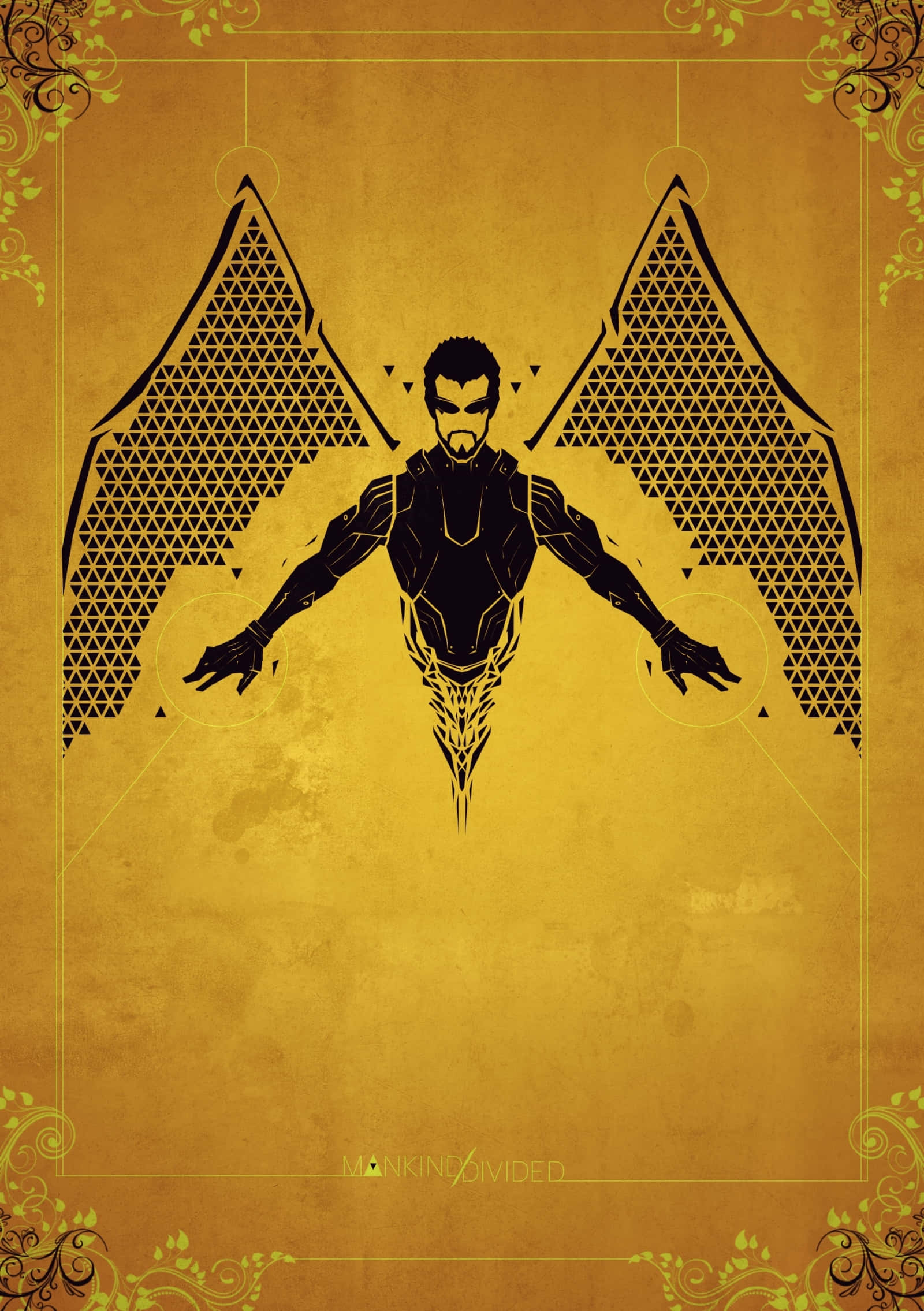 在《Deus Ex: Mankind Divided》賽博朋克世界中求生與反抗 壁紙 — 一個風格化的黑色剪影，描繪一個帶有幾何翅膀的男人，背景是帶有紋理的金色，並以華麗的花卉角落框住。
