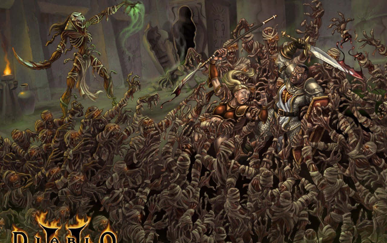 在《Diablo 2 Resurrected》中踏上邪惡之路 壁紙 — 一名戰士和聖騎士在黑暗的地下城中與一群木乃伊戰鬥，伴隨著發光的綠色魔法。