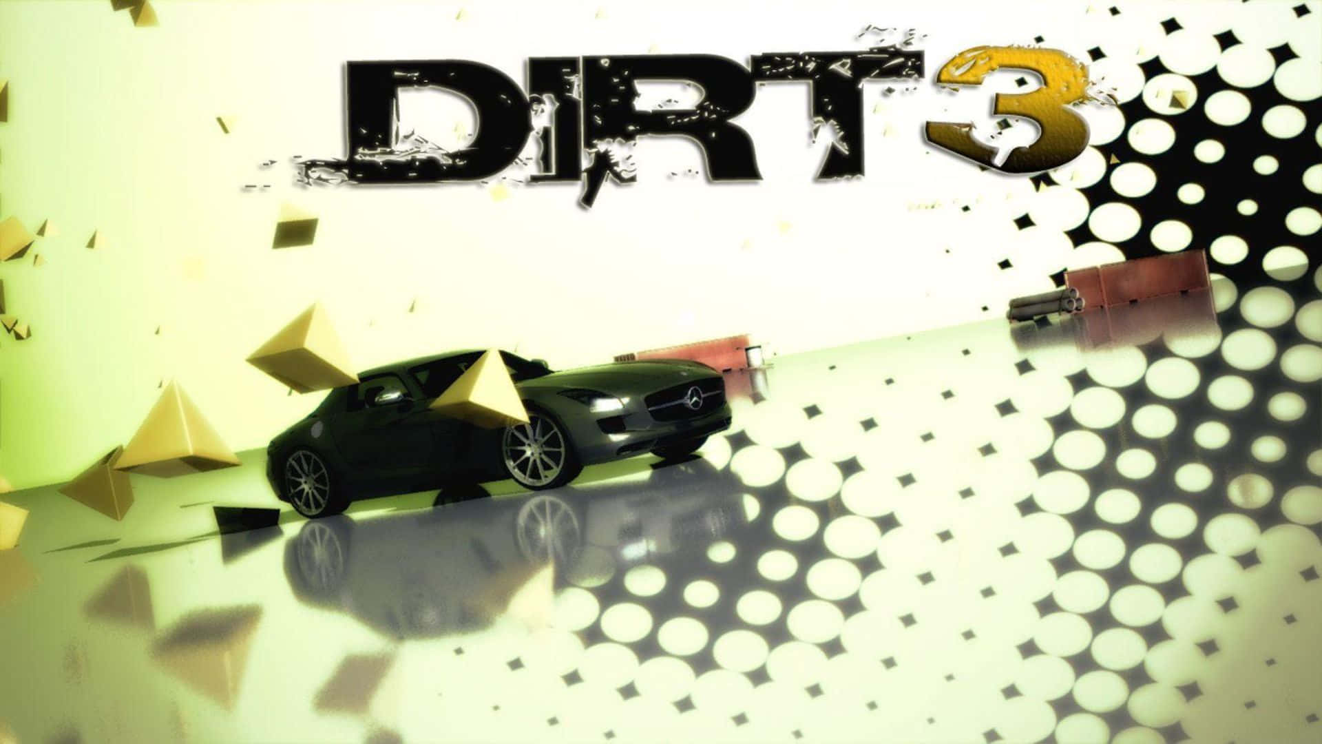 黑色跑車在 DIRT 3 遊戲標題圖形中，帶有幾何形狀和反射表面。