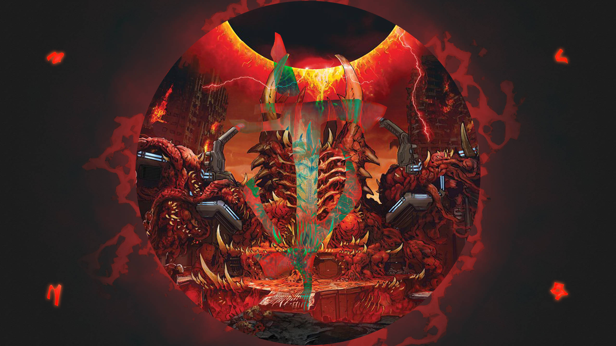 在《Doom Eternal》中體驗無休止的血腥與動作 壁紙 — 一個惡魔般的人物，擁有發光的綠色眼睛和火焰翅膀，站在一個地獄般的圓形競技場中的骷髏王座上。