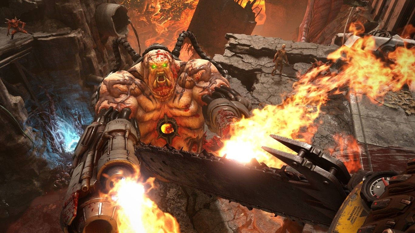 在《Doom Eternal》中面對地獄屍骸 壁紙 — 一個擁有發光綠色眼睛和火焰鎖鏈的怪物般龐大生物，在燃燒的廢墟中咆哮。