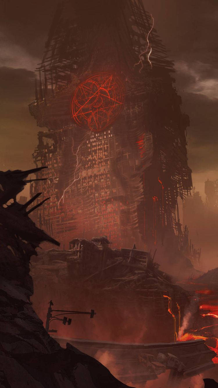 在《DOOM 永恆》中反擊 壁紙 — 一座高聳的廢墟結構，帶有發光的紅色五角星，在暴風雨般的世界末日天空中發出閃電。