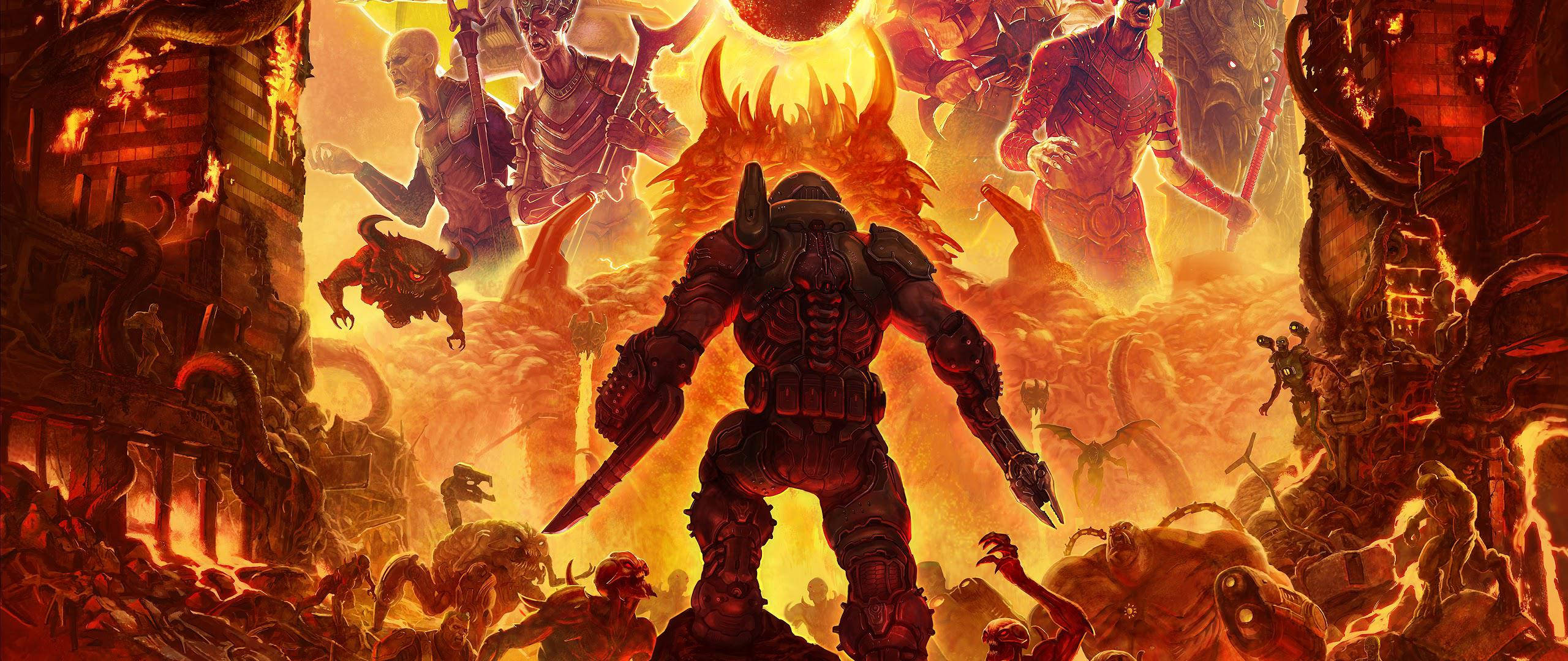 在《DOOM 永恆》中對抗無可擋的敵人 壁紙 — 一個身穿重甲的戰士在火焰地獄般的景觀中挑釁地站立，周圍環繞著惡魔生物和崩塌的建築。