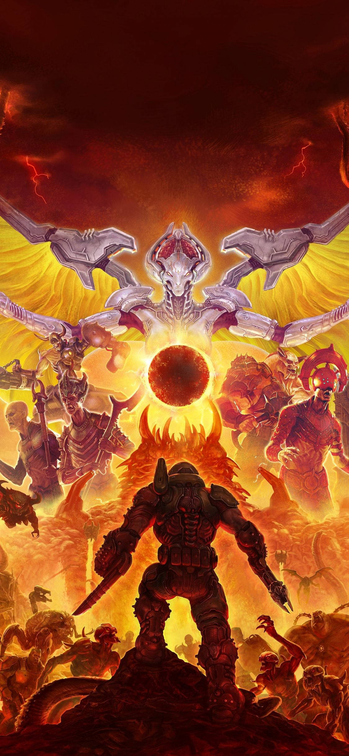 在《DOOM 永恆》中戰鬥惡魔 壁紙 — 一個孤獨的裝甲戰士，在熾熱的末日戰場上，挑釁地站在一個高聳的惡魔神面前。