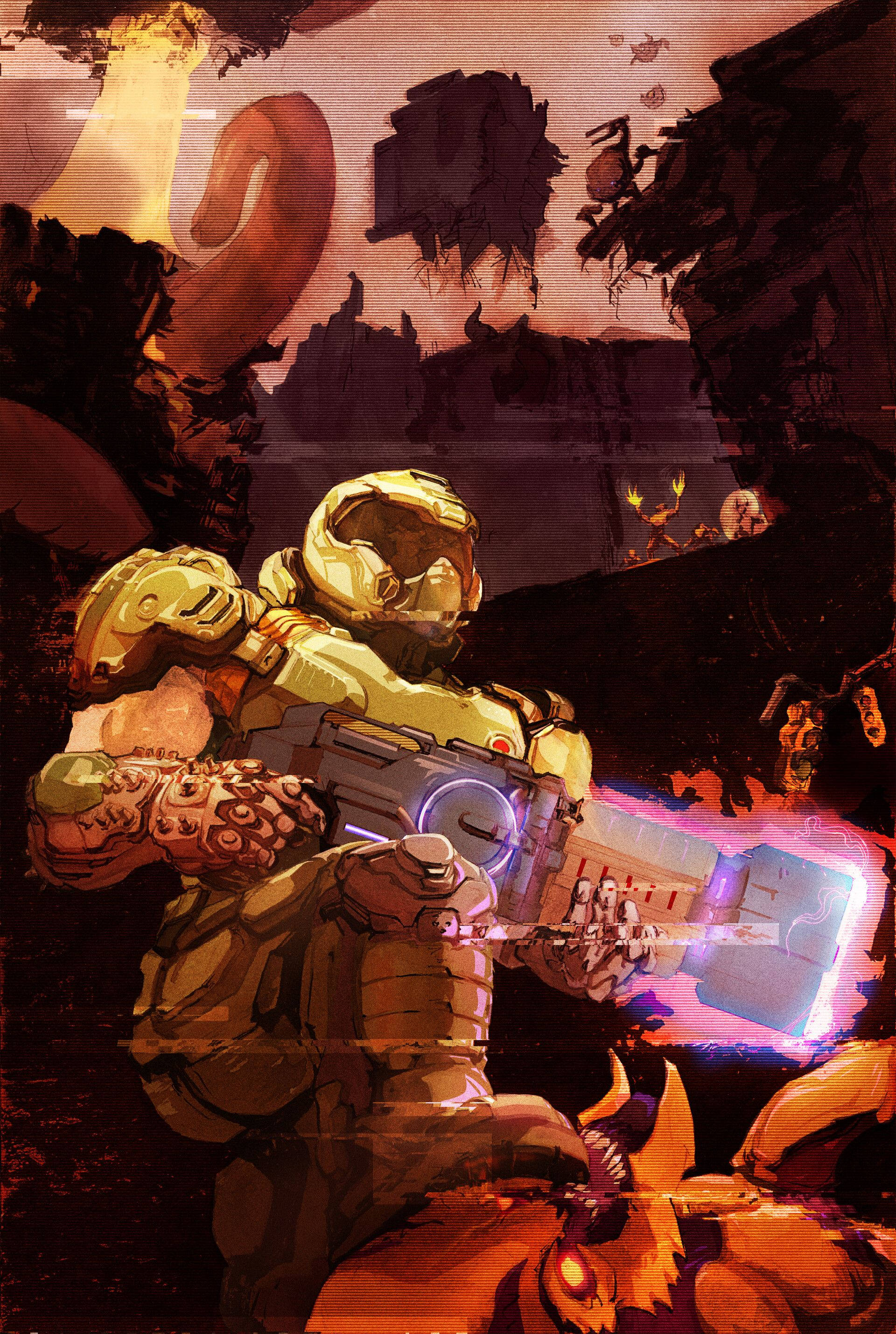 在《DOOM 永恆》中擊退惡魔 壁紙 — 一名身穿金色盔甲的士兵在一個超現實的外星景觀中發射發光武器，周圍有漂浮的岩石形成和火熱的天空。