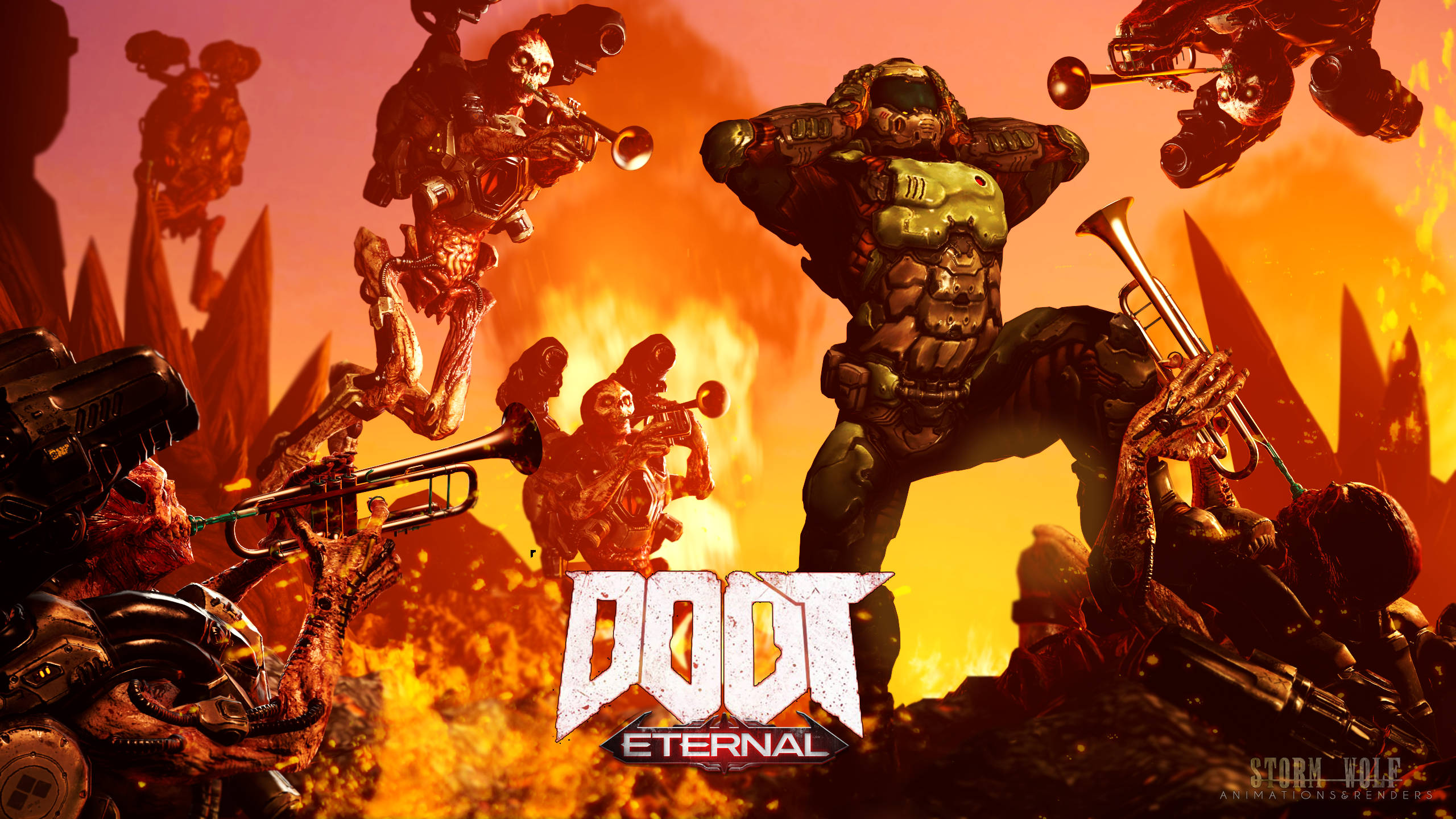 在《DOOM 永恆》中釋放你的地獄行者本質 壁紙 — 來自《DOOM Eternal》的熾熱戰場場景，惡魔般的人物在熔化的橙色天空下吹奏號角。