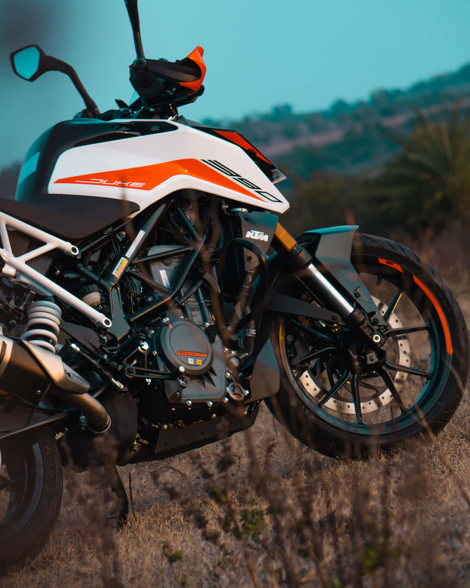 KTM Duke電單車在黃昏時停放在草地上，背景有山丘