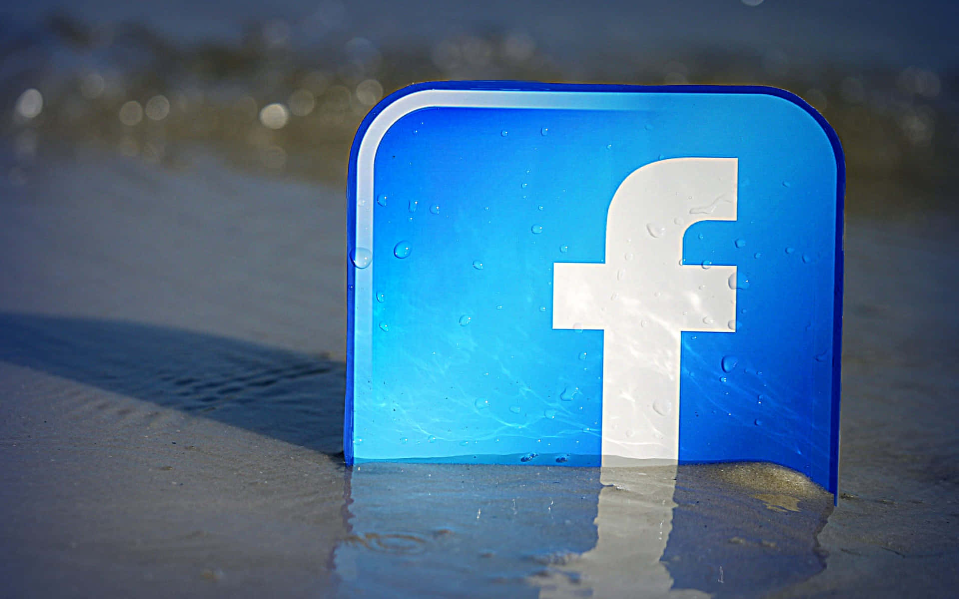 沙灘濕沙上的Facebook標誌牌帶有水珠