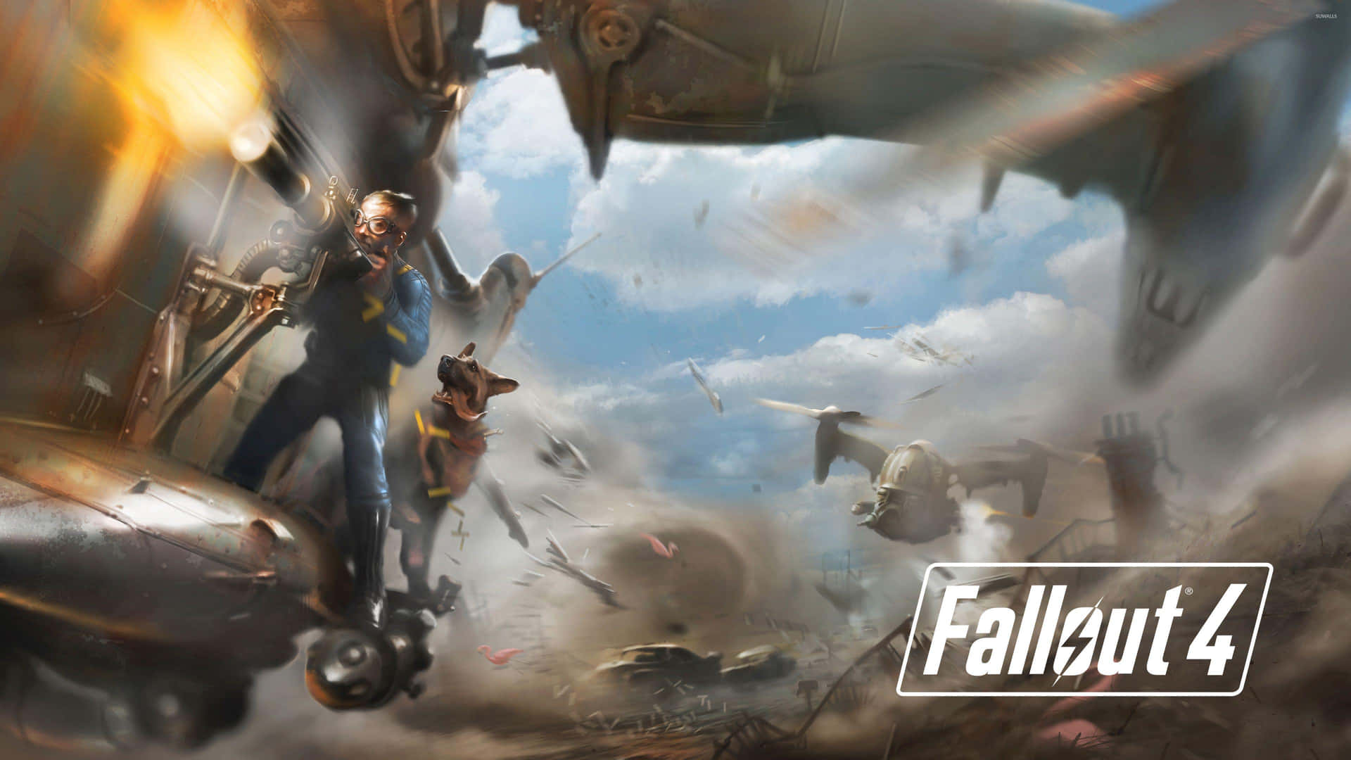 避難所居民同狗喺 Fallout 4 荒原上對抗飛舞嘅無人機。