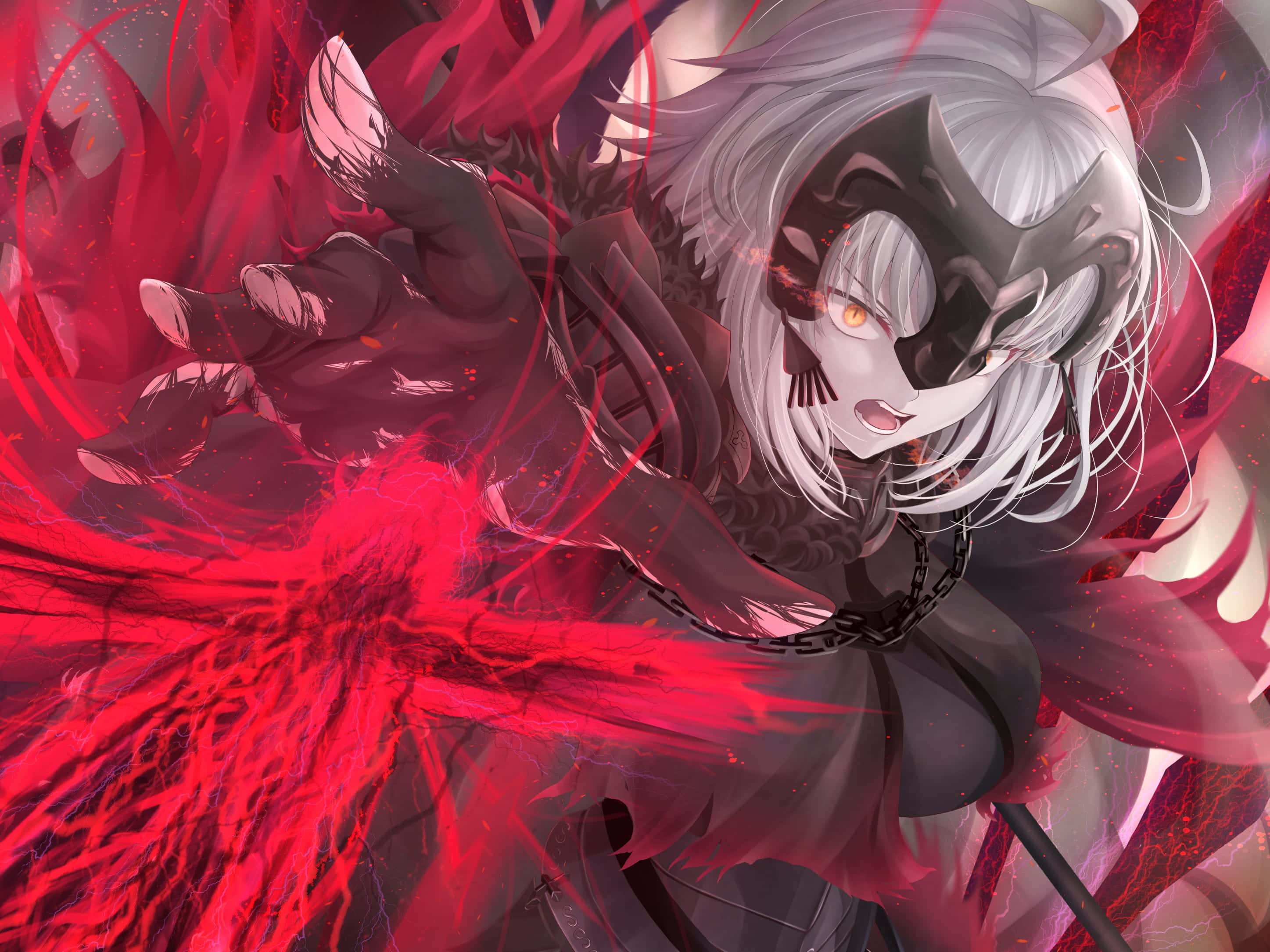 在 Fate Grand Order 中踏入宏大的奇幻世界 壁紙 — 一位銀髮動漫女孩戴著黑色面具，釋放出深紅色的能量，在動態的黑暗奇幻場景中。