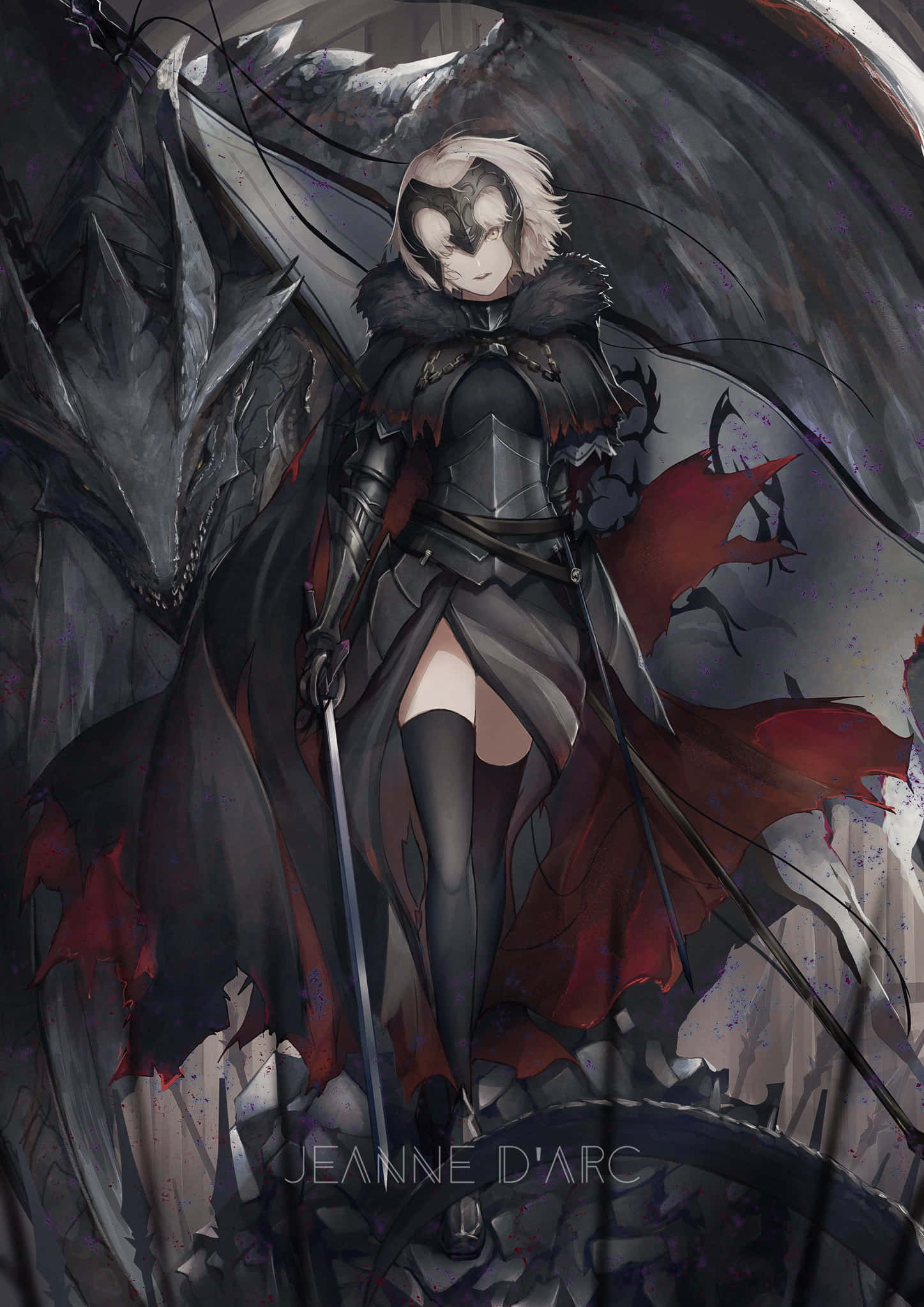 在《Fate Grand Order》中召喚傳奇英雄 壁紙 — 一個白髮黑翼的黑暗奇幻動漫女孩，手持劍，紅色斗篷在暴風雨般的灰色背景中飄揚。