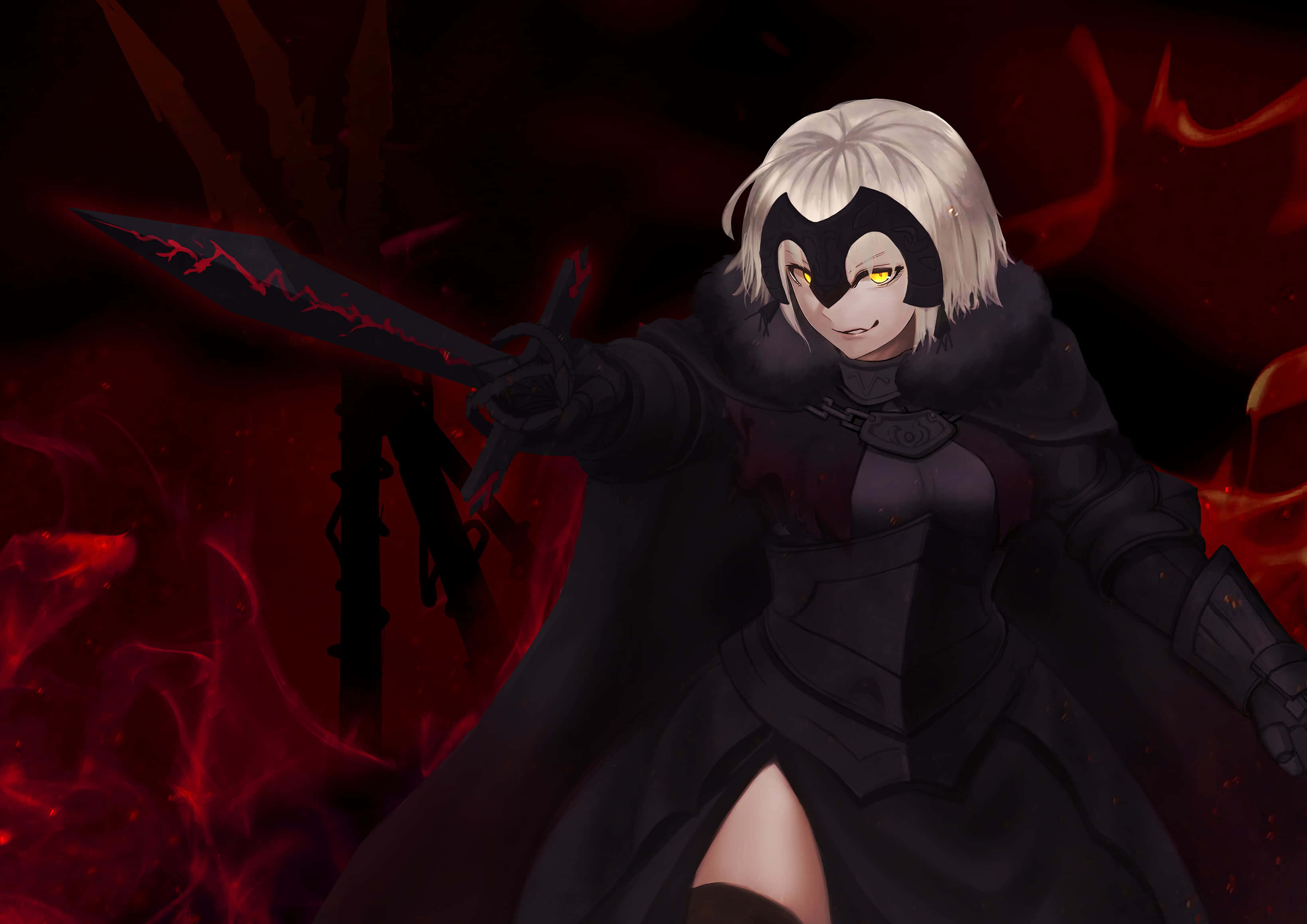 在《Fate/Grand Order》成為終極英雄 壁紙 — 一位銀髮動漫戰士身穿黑色盔甲，在旋轉的深紅色背景中揮舞著發光的紅色劍。