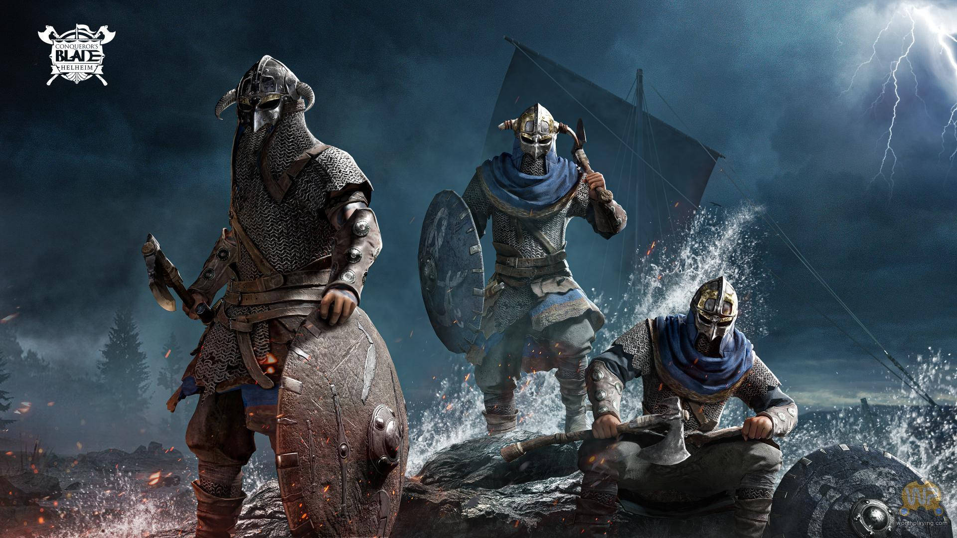 在《For Honor》中釋放殘酷的征服者 壁紙 — 三名身穿盔甲的維京戰士手持盾牌和斧頭，在雷電交加的暴風海上挑釁地站立。