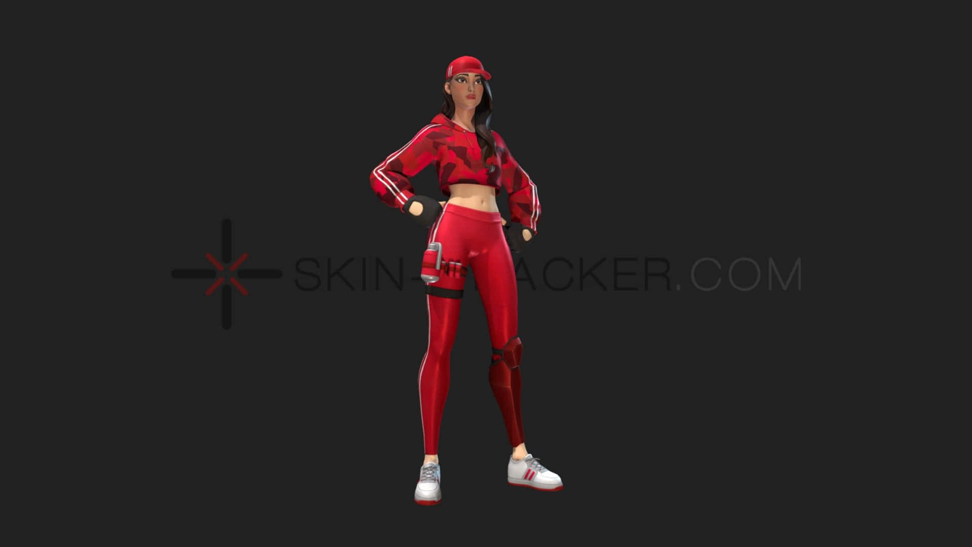 在《Fortnite》中取得Ruby皮膚 壁紙 — 一個風格化的女性角色穿著紅色運動服，自信地站在深色背景前。