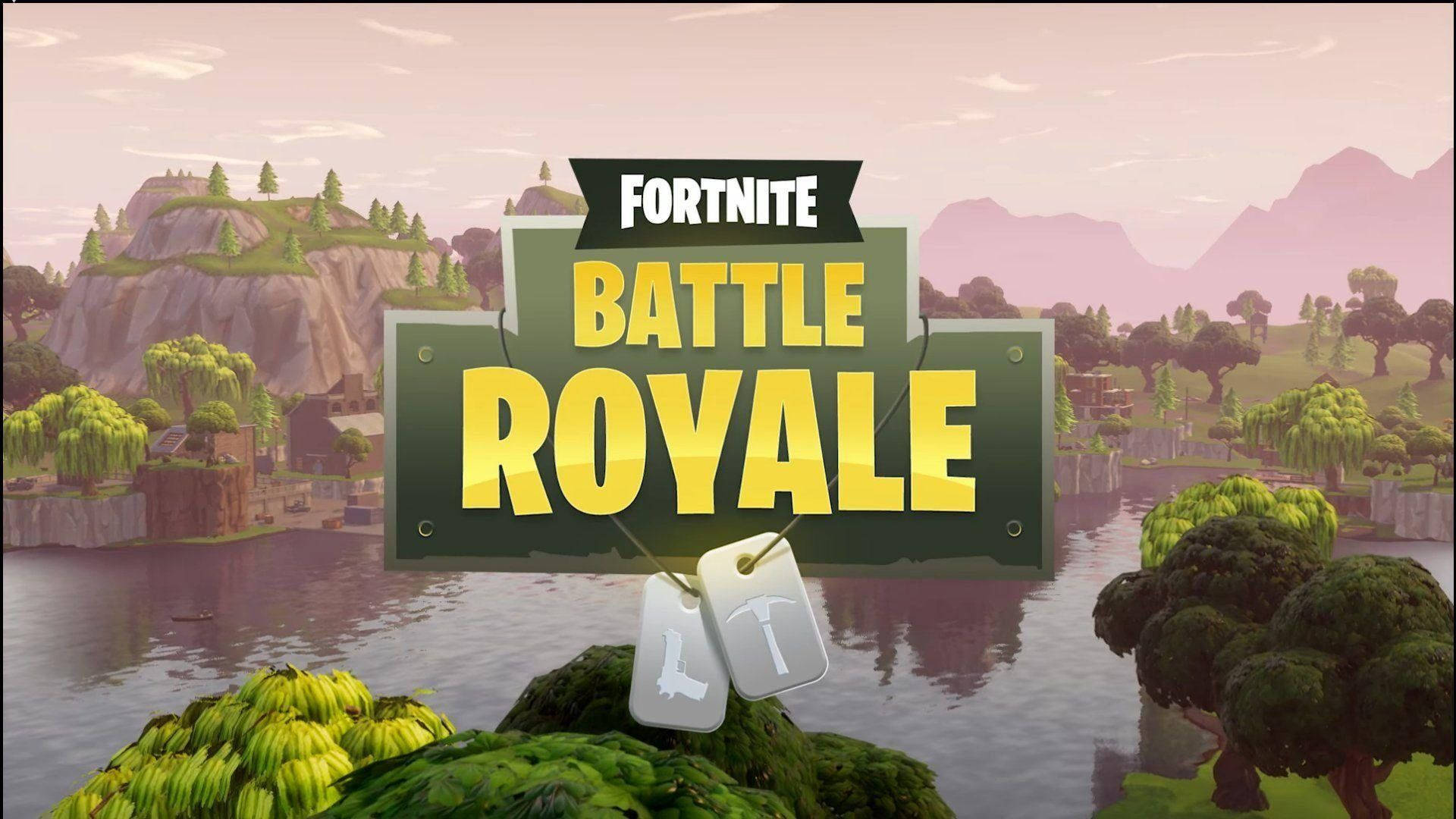 湖上的 Fortnite Battle Royale 標誌，背景有樹木和山脈。