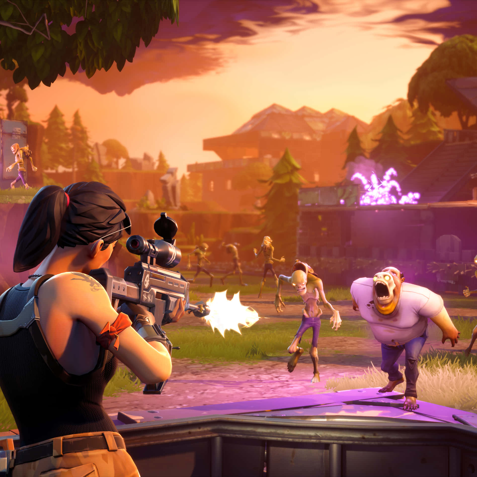 玩家在夕陽照耀的Fortnite戰鬥場景中射擊殭屍。