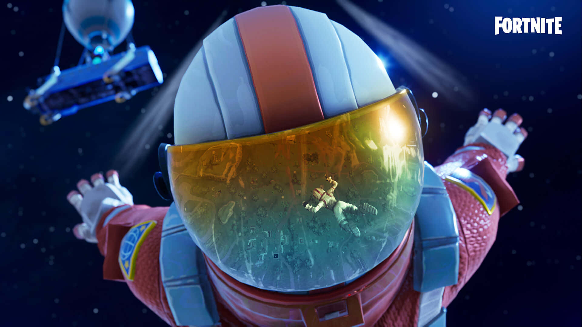 一個Fortnite太空人在太空中漂浮，帶有衛星和發光的頭盔反射。