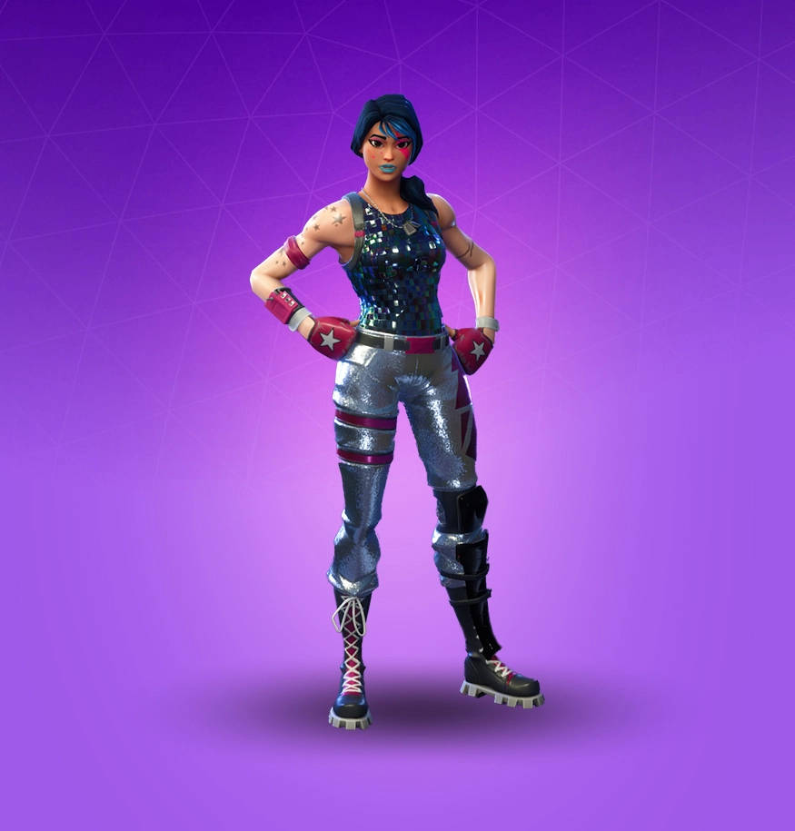 Fortnite角色身穿閃亮服裝在紫色背景上擺姿勢