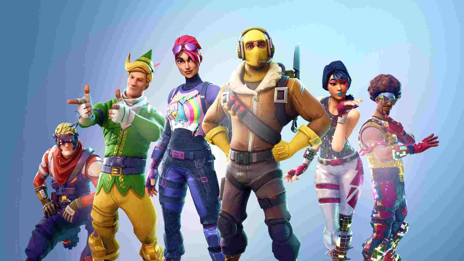 六個穿著彩色服裝的Fortnite遊戲角色一起擺姿勢。