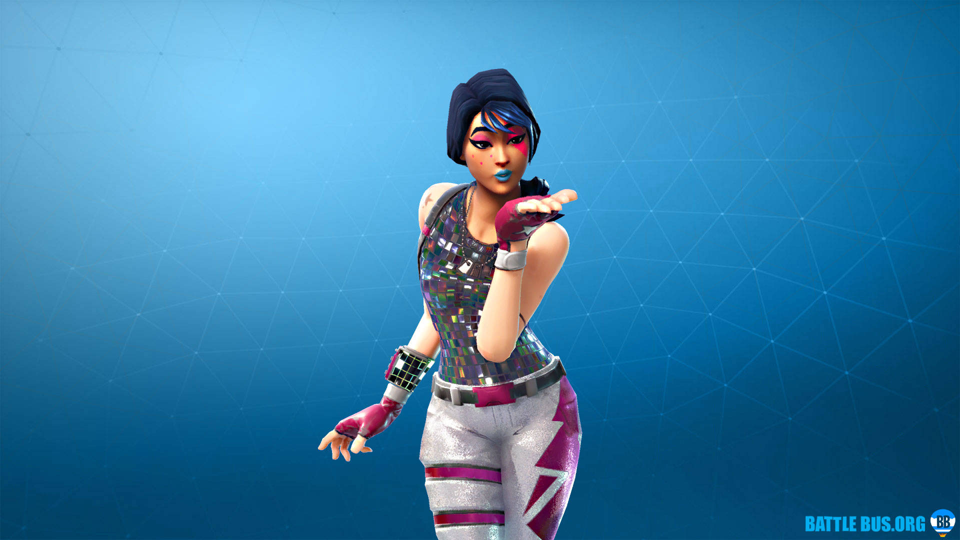 穿著粉紅色和銀色服裝的Fortnite角色，背景為藍色幾何圖案。