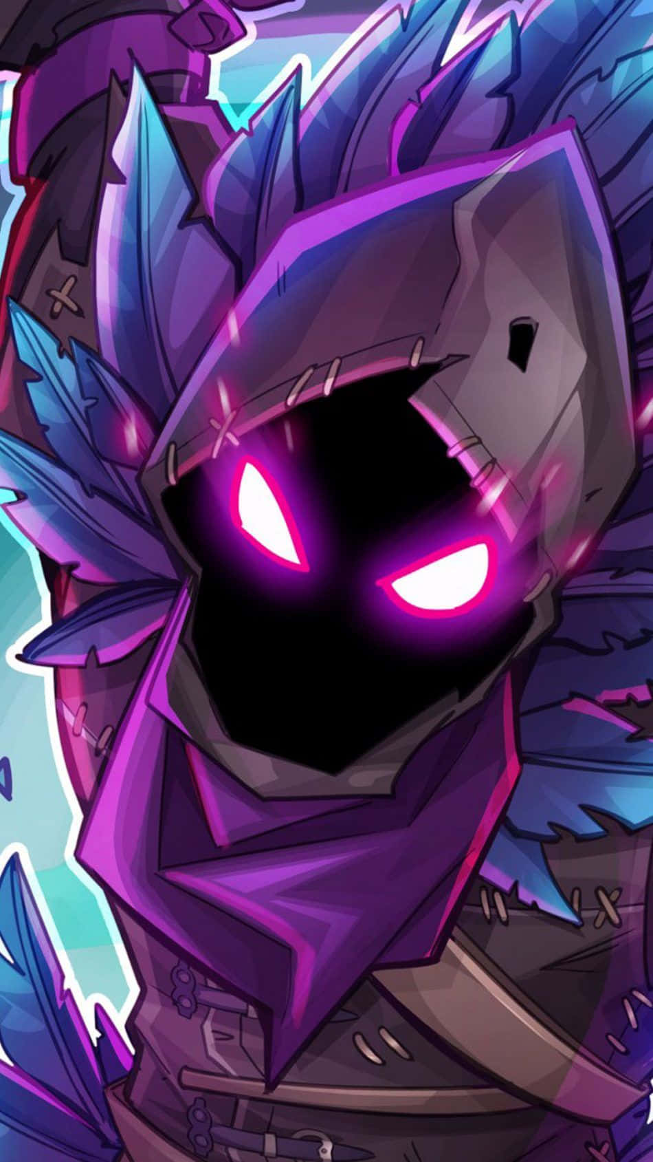 在《Fortnite》中開始扮演「烏鴉」皮膚 壁紙 — 一個威脅性的紫色裝甲騎士，擁有發光的粉紅色眼睛和鋸齒狀尖刺，在風格化的數位插圖中若隱若現。