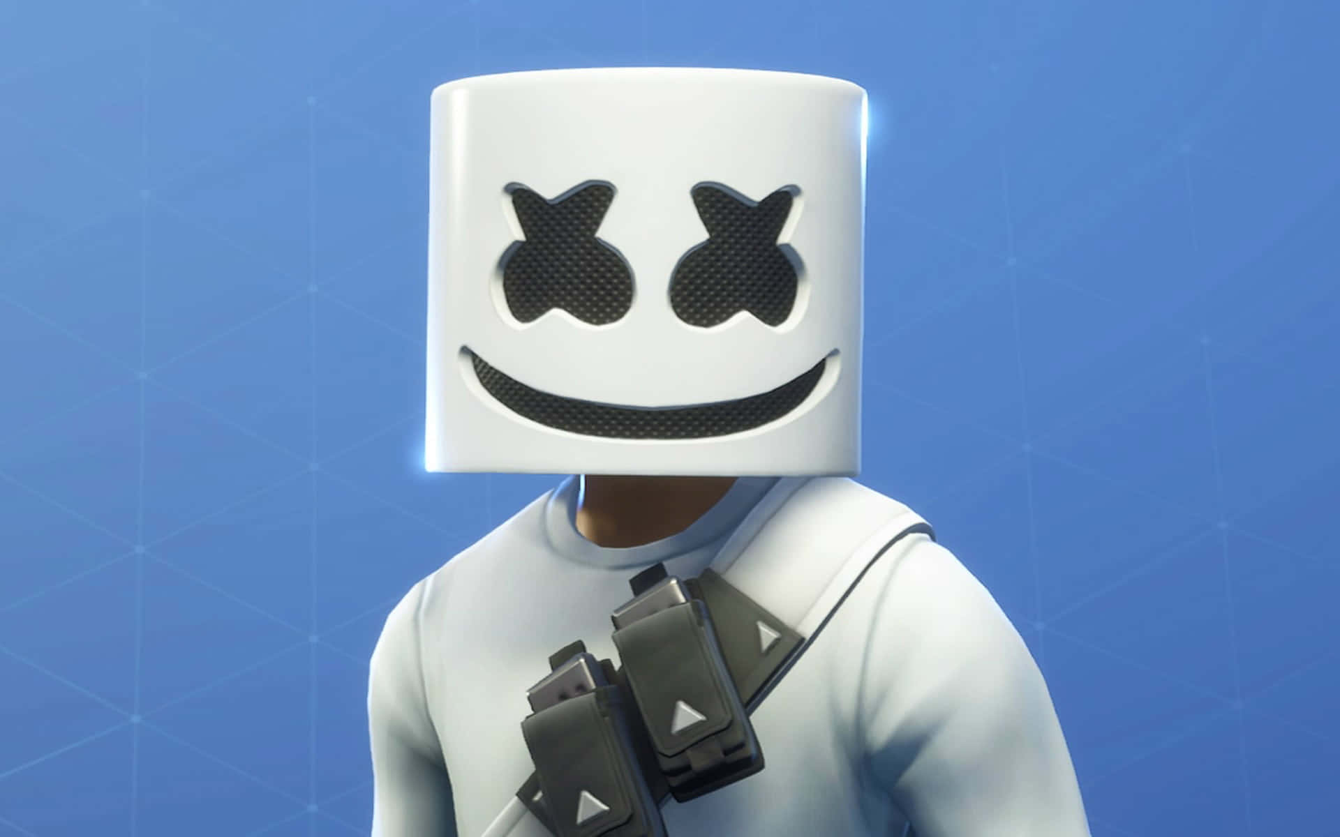 Fortnite角色戴白色棉花糖頭盔，黑色X眼睛和微笑。