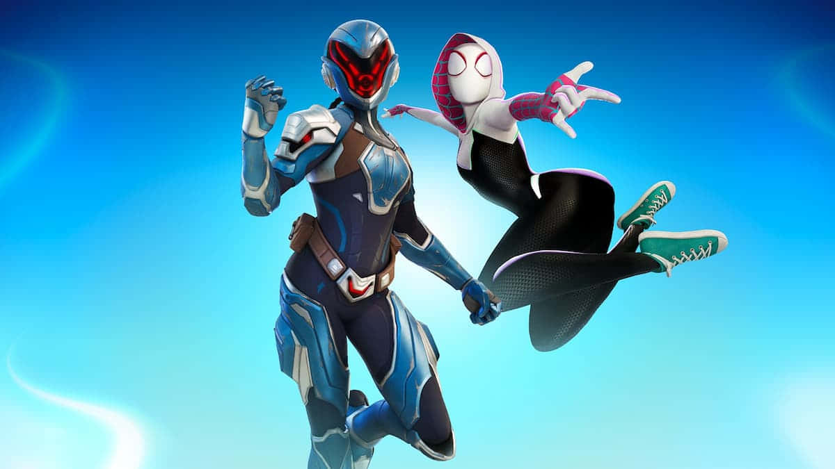 在《Fortnite》第三章第一季征服全新世界 壁紙 — 兩個動畫超級英雄以動態姿勢站在明亮的藍色漸變天空前。