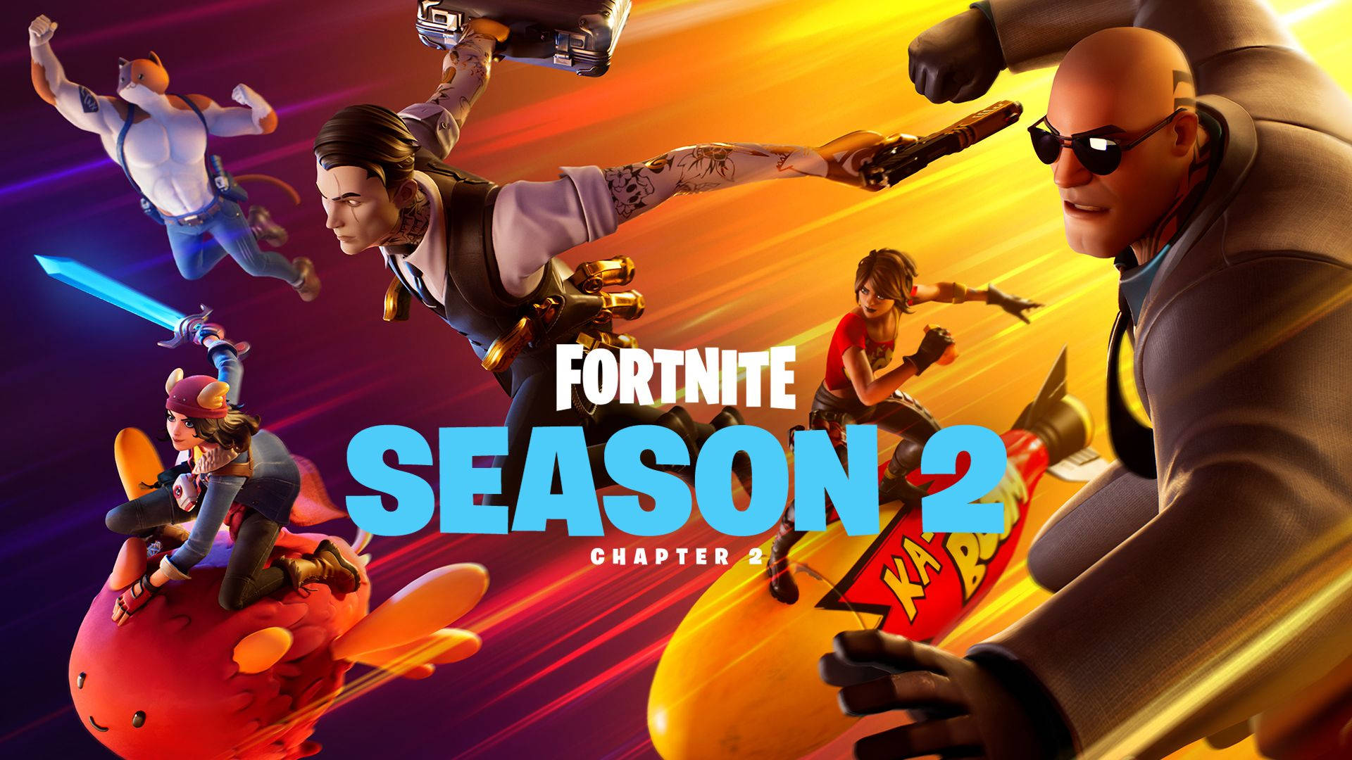 Fortnite Season 2 Chapter 2 宣傳藝術， featuring 動畫角色喺動作中。
