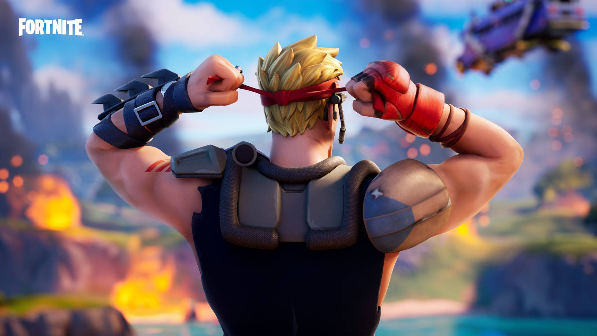 Fortnite角色在日落時調整紅色頭帶，伴隨著爆炸和飛行車輛。