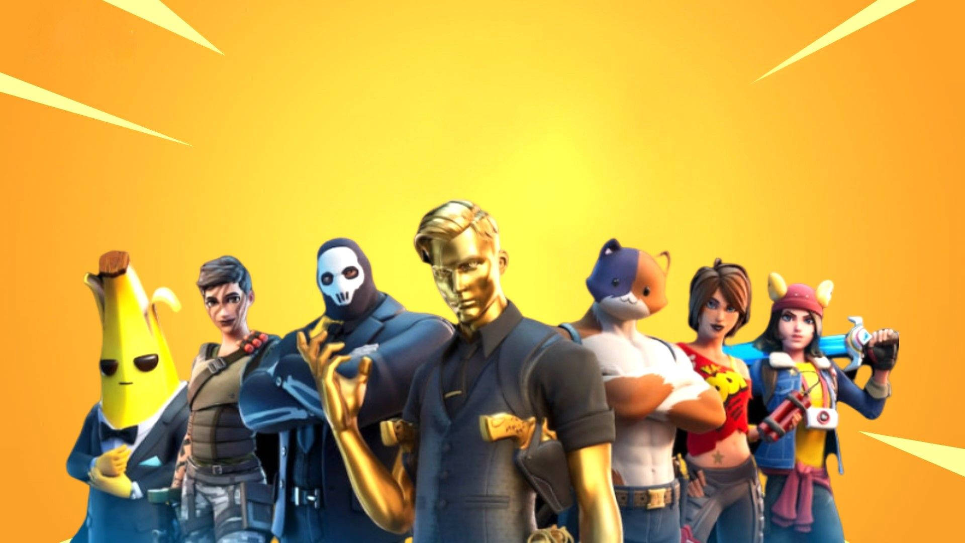 一群 Fortnite 遊戲角色在明亮的黃色太陽光線背景前英勇地擺姿勢。