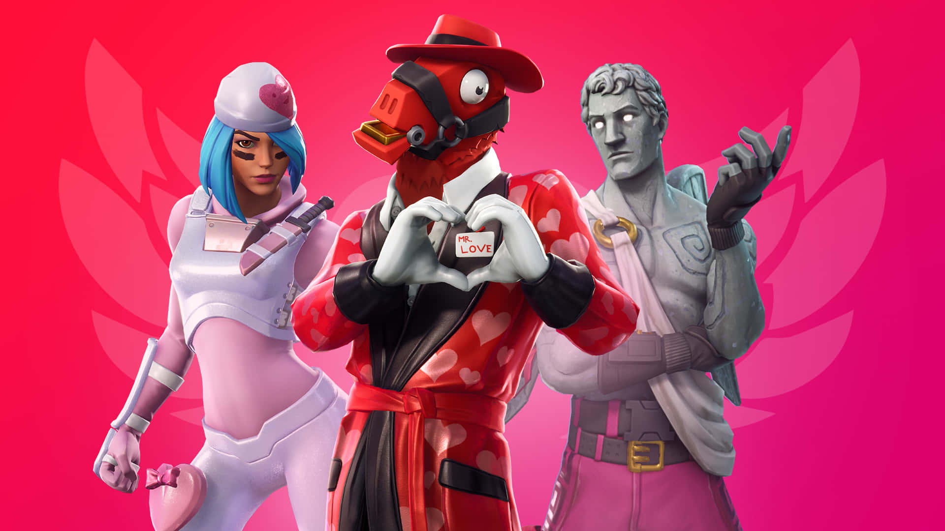 三個穿著情人節主題服裝的Fortnite角色與心形一起擺姿勢。