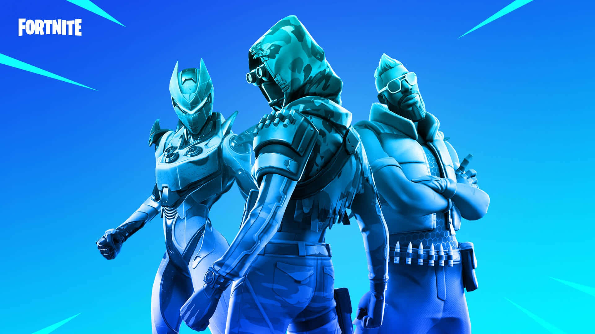 三個身穿未來盔甲的 Fortnite 角色在藍色背景前自信地擺姿勢。