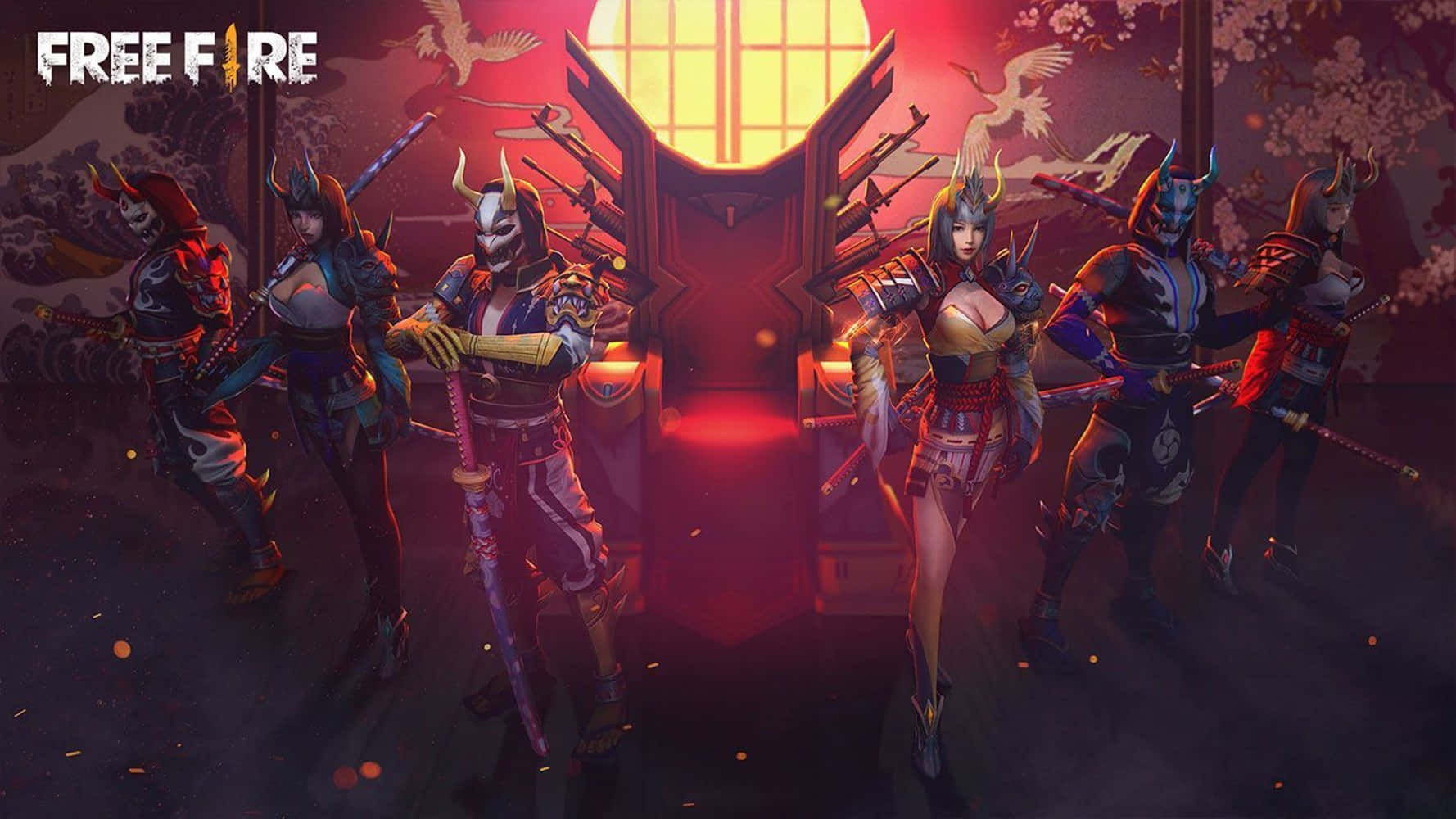 六個動漫風格的武士戰士，身著精細盔甲，在熾熱的紅日下持劍。