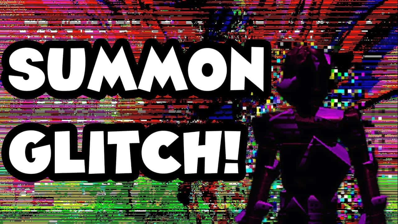 在 Glitch 上挑戰你的創意技能 壁紙 — 一幅帶有故障效果的數位藝術作品，在充滿活力的像素化背景上以粗體文字顯示「SUMMON GLITCH!」，並帶有深色剪影。