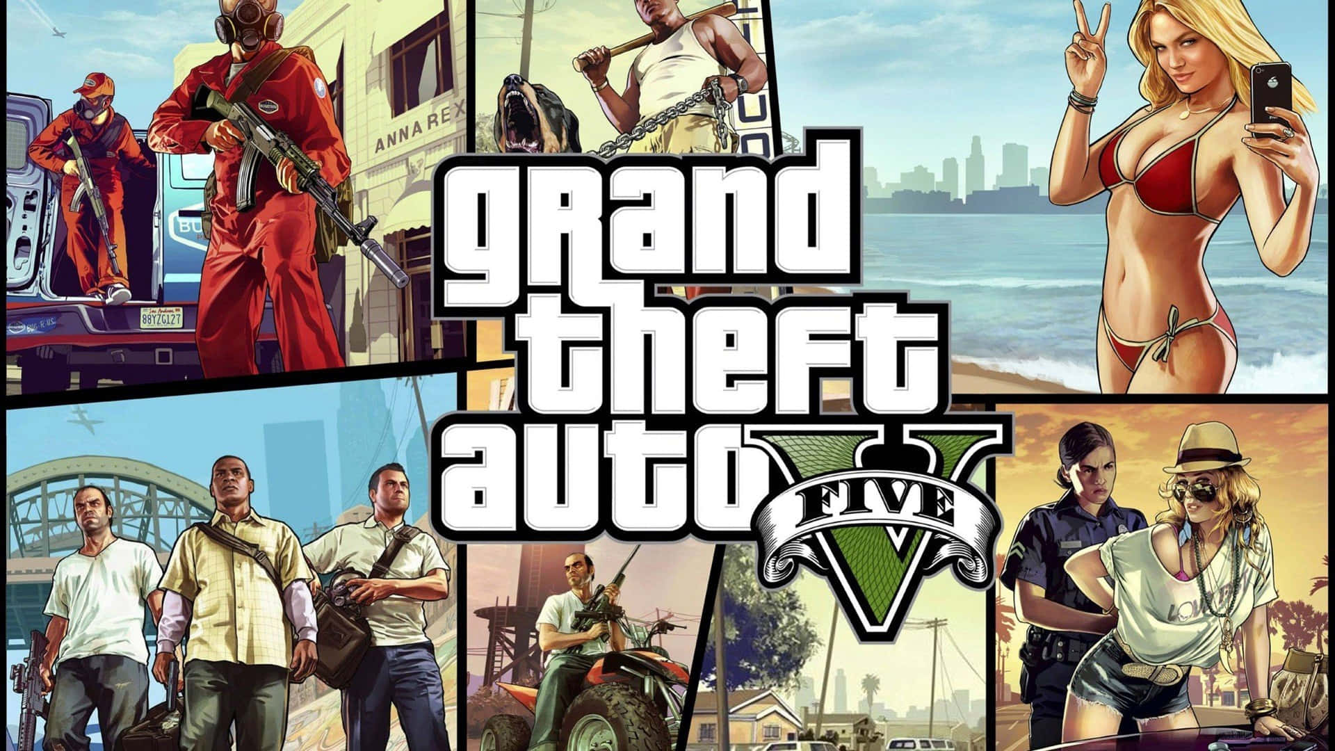 《Grand Theft Auto V》遊戲封面，主要角色出現在都市場景中。