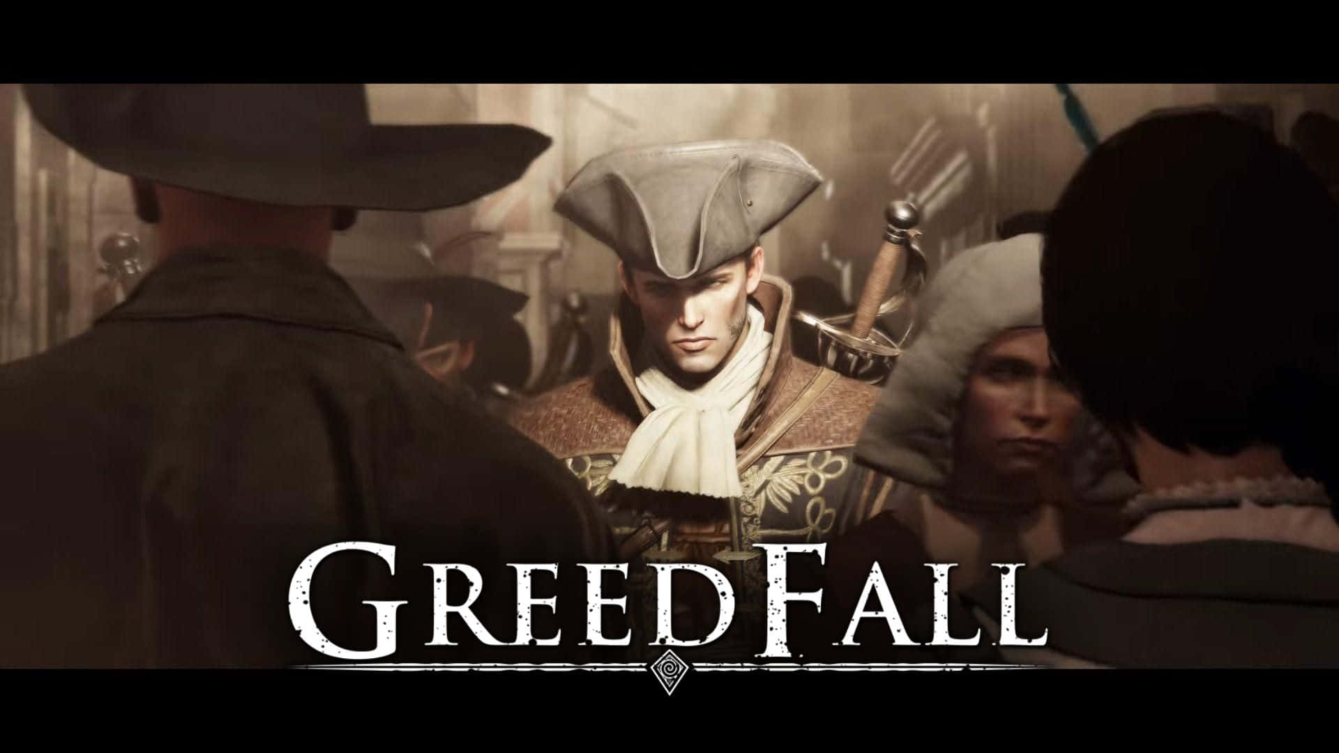 在《Greedfall》中探索魔法與冒險的美麗世界 壁紙 — 一個戴三角帽、身穿華麗外套的嚴肅男子，站在燈光昏暗的酒館中央，周圍是其他穿著時代服裝的角色。