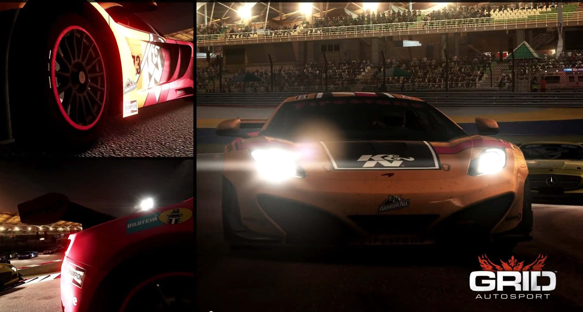 在 Grid Autosport 中衝向勝利 壁紙 — 一輛充滿活力的橙色賽車，車頭燈閃爍，在體育場燈光下和歡呼的人群中主宰夜間賽道。