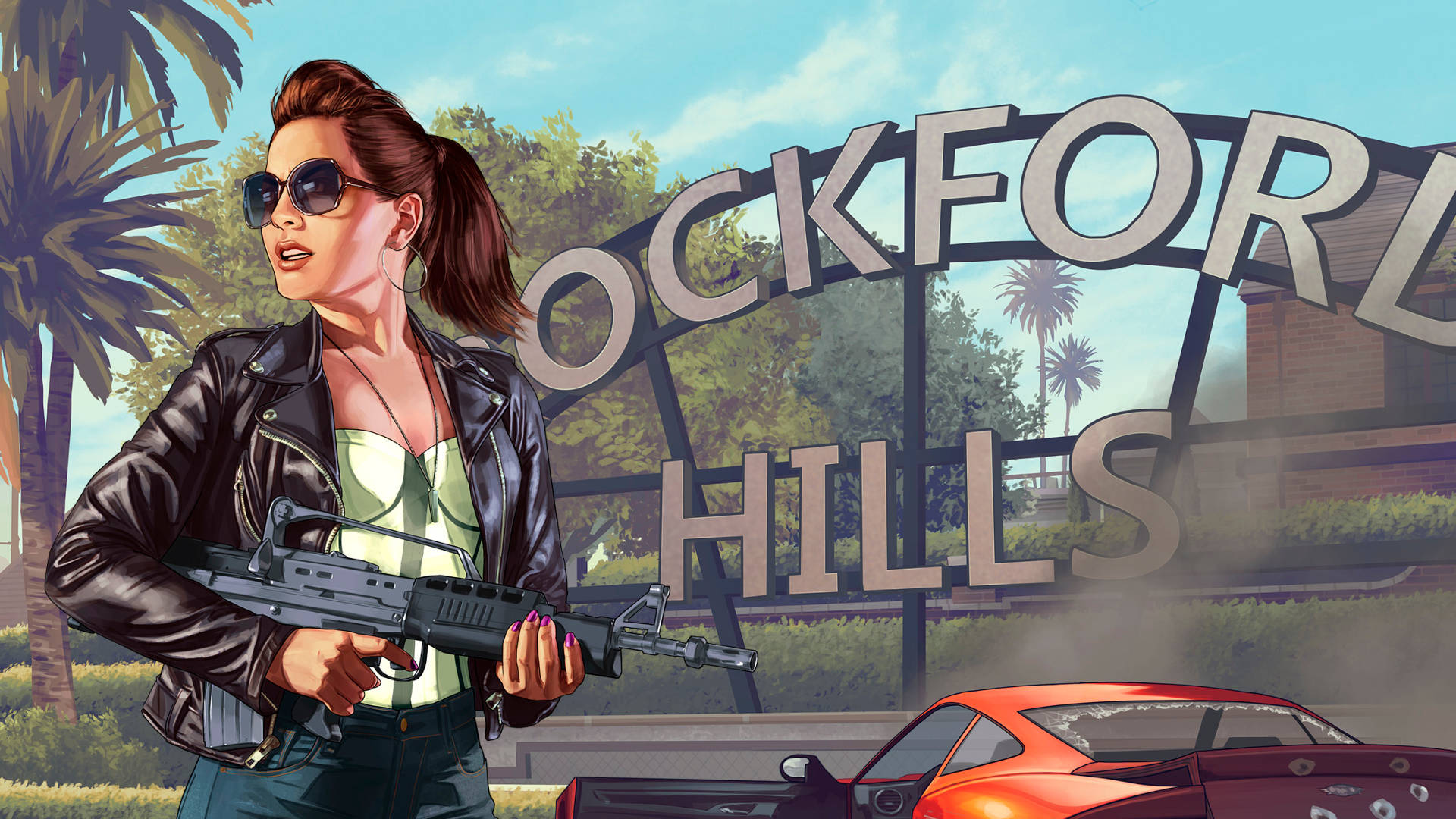 身穿皮褸嘅女子喺Rockford Hills標誌下，喺紅色車附近揸住步槍。