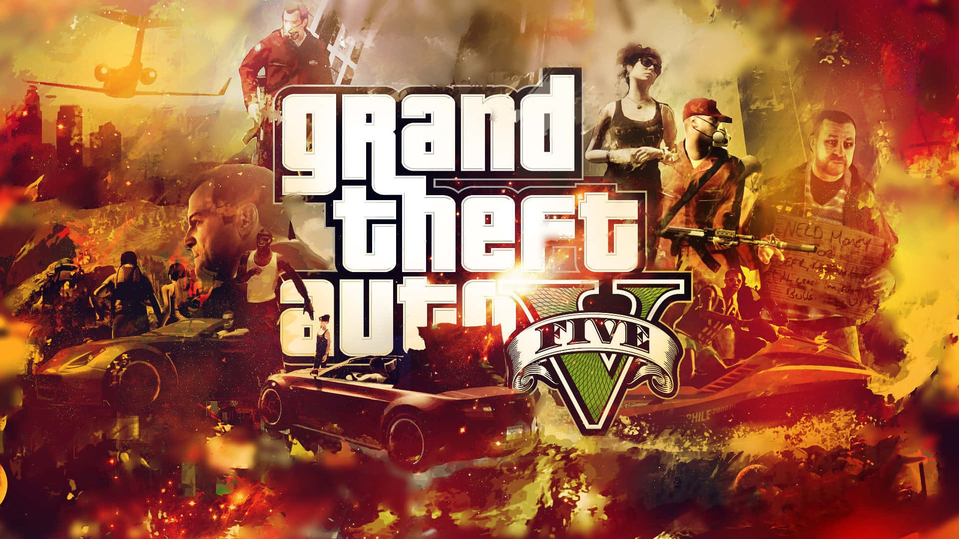 GTA V遊戲封面，角色和汽車在熾熱的城市混亂中。