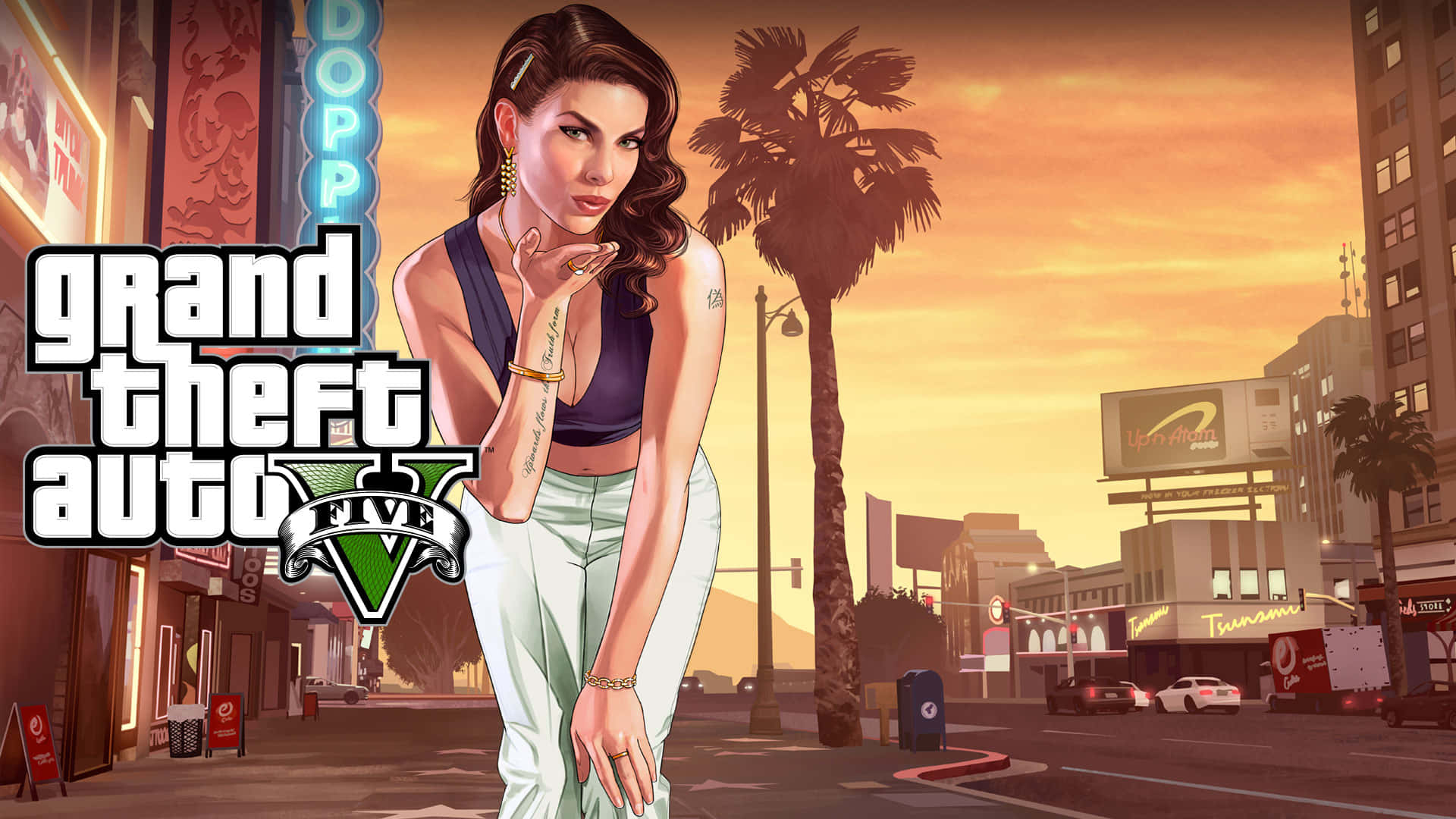 GTA V 女性角色在日落時分的城市街道上擺姿勢，背景有棕櫚樹和廣告牌。