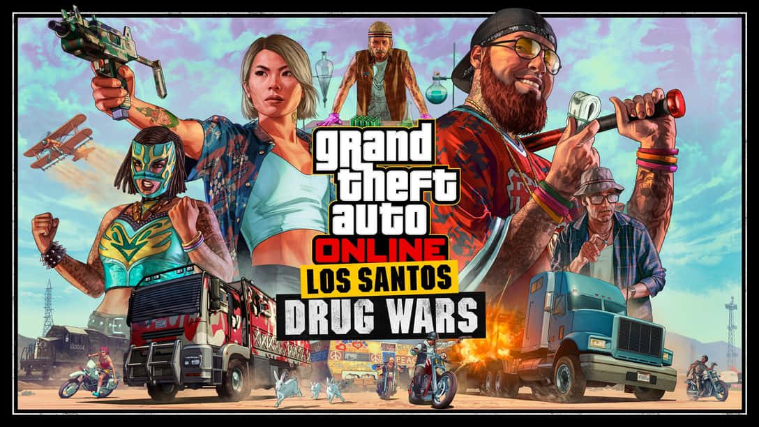 GTA Online Los Santos Drug Wars宣傳藝術，包含武裝角色和燃燒的卡車。