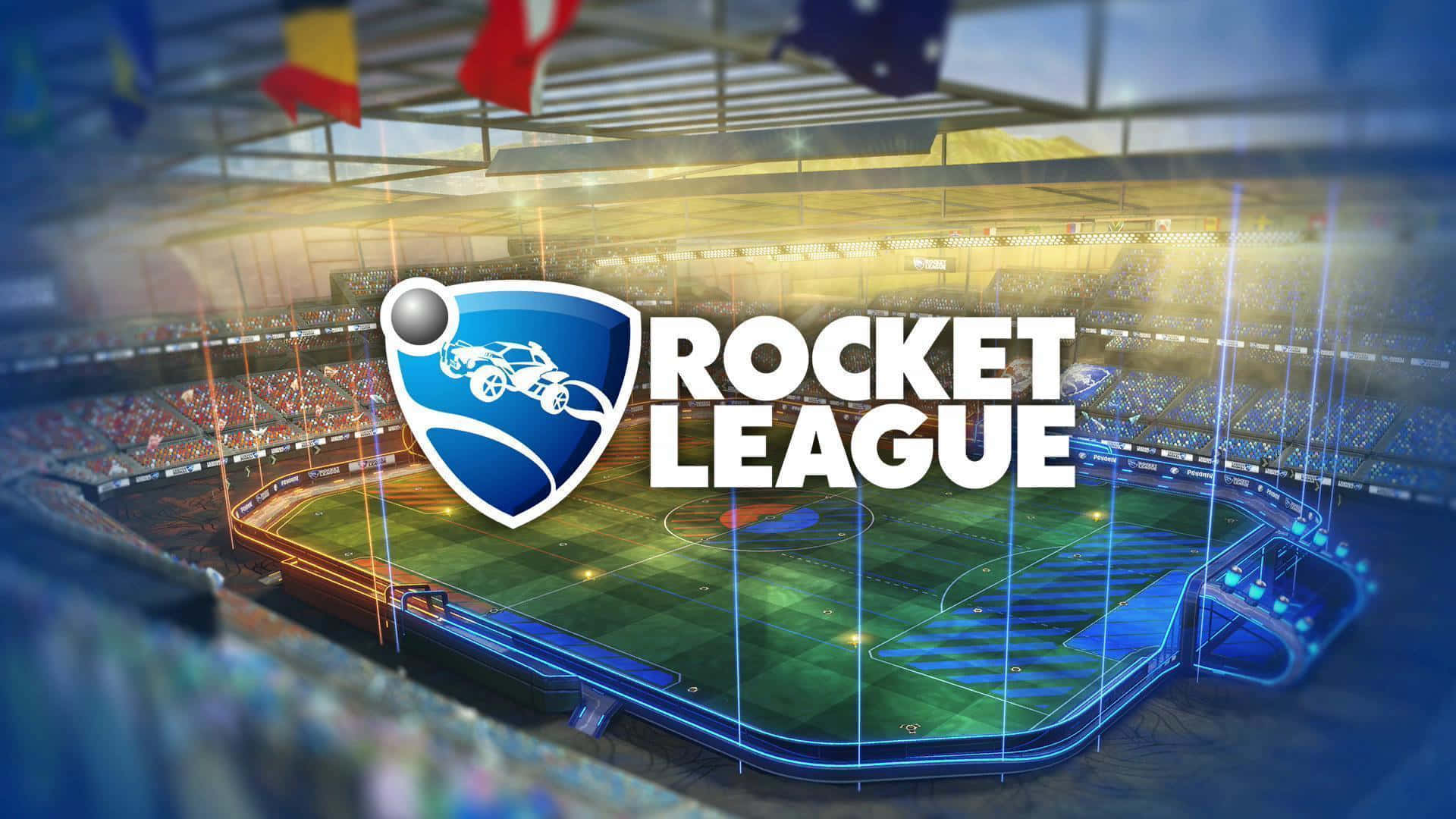 在 HD Rocket League 中裝扮你的座駕 壁紙 — 一個充滿活力的數位體育場，周圍環繞著綠色Rocket League場地，充滿歡呼的粉絲和發光的藍色燈光。