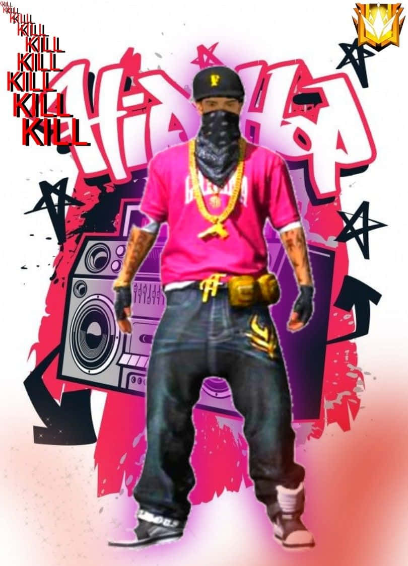 在《Hip Hop Free Fire》中展現你的舞步 壁紙 — 一位身穿粉紅色襯衫和頭巾的風格化嘻哈藝術家，站在塗鴉和帶有「KILL」文字的便攜式音箱前。