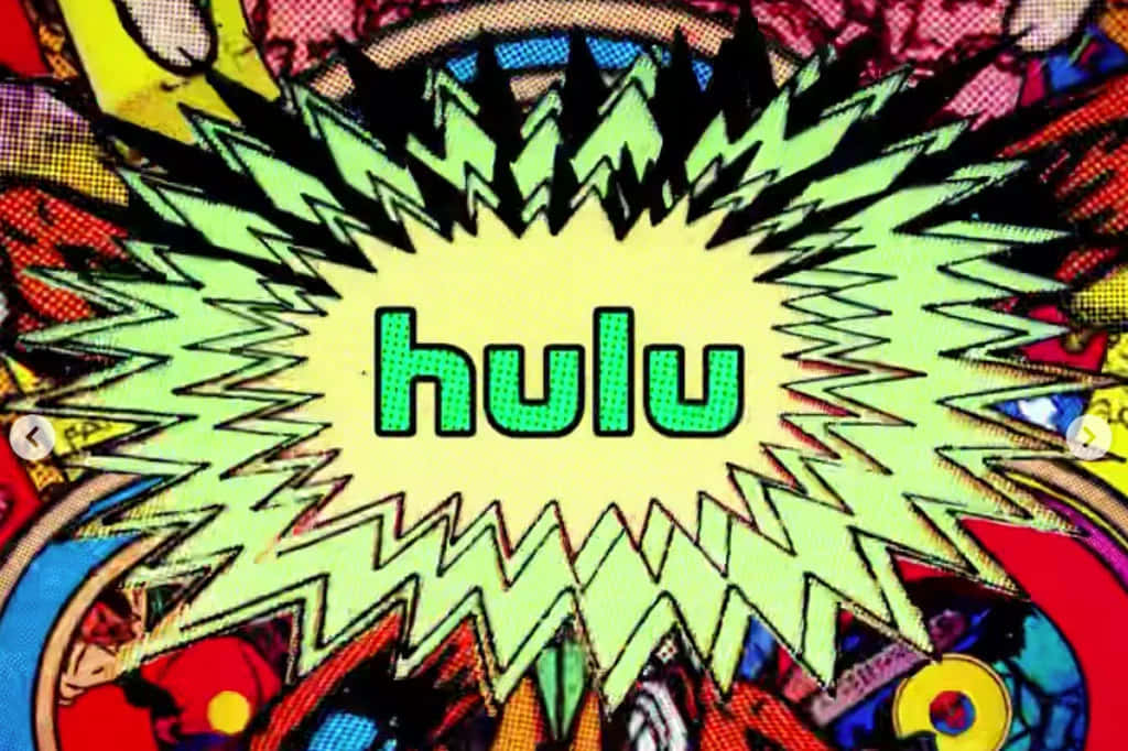 在 Hulu 上串流您最愛的電影和劇集 壁紙 — 一個充滿活力的漫畫風格爆炸圖案，上面有粗體綠色字母拼成的 hulu 字樣。