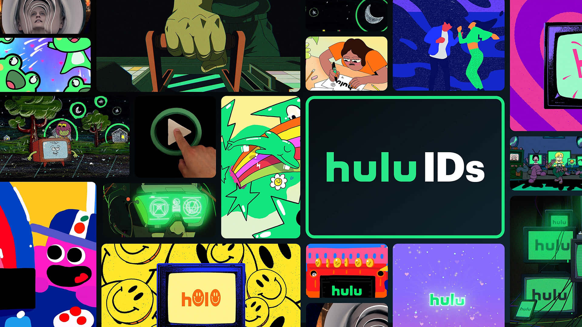 色彩繽紛的動畫角色和 Hulu 品牌標誌拼貼畫。