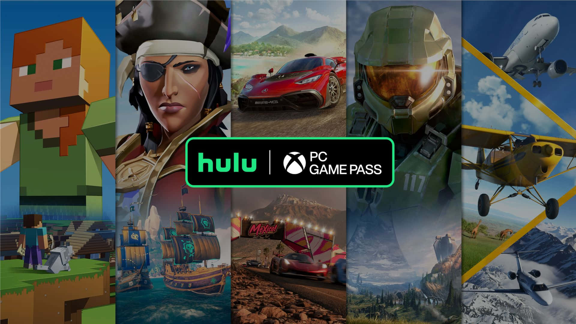 遊戲蒙太奇，包含Minecraft、賽車、Halo和飛行飛機，帶有Hulu和Xbox Game Pass標誌。