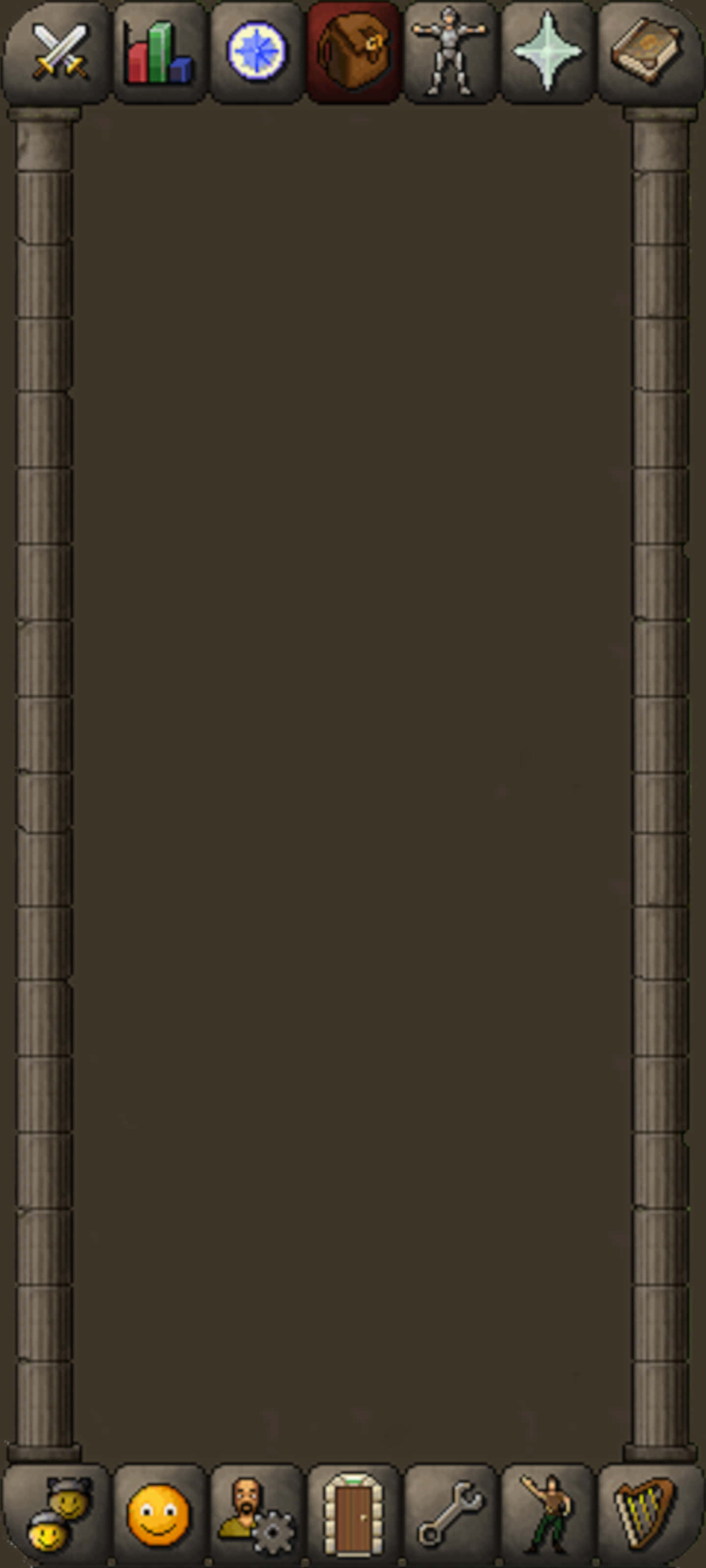 在 iPhone X 上，《RuneScape》的冒險即刻展開 壁紙 — 一個像素藝術遊戲界面，石柱框住深棕色遊戲區域，並有統計和動作圖標。