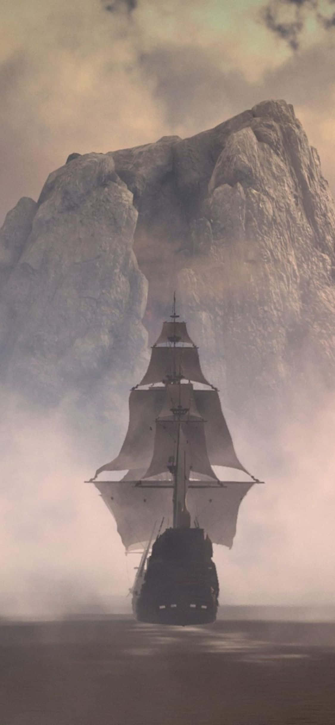 在 iPhone X 上征服《Greedfall》 壁紙 — 一艘孤獨的帆船在霧氣瀰漫的水域中航行，前方是雄偉崎嶇的懸崖，天空朦朧。
