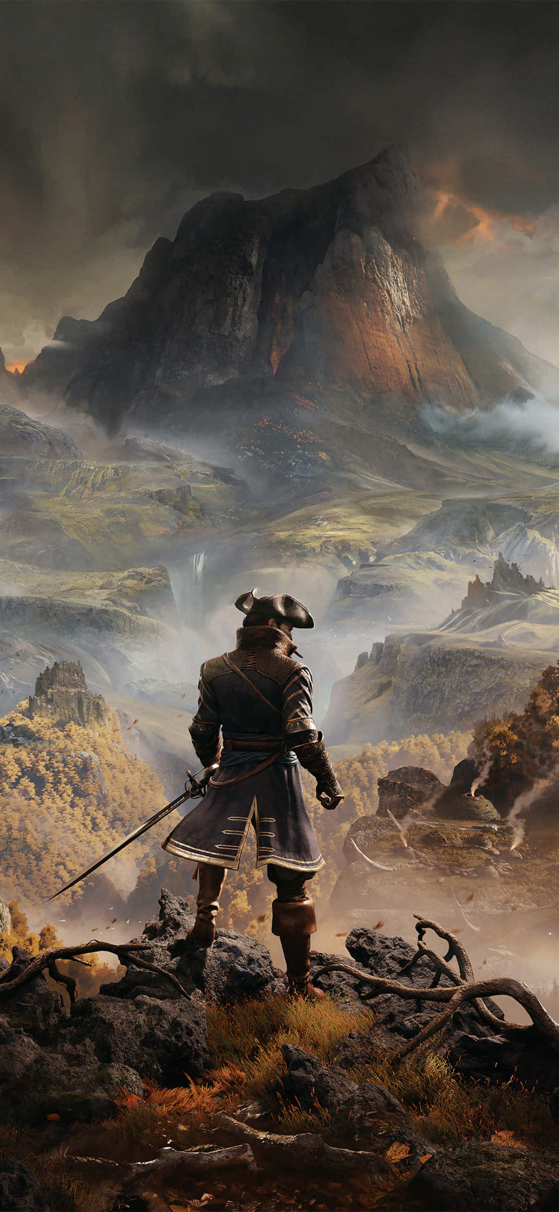 在 iPhone X 上探索《Greedfall》的奧秘 壁紙 — 一個孤獨的裝甲戰士站在岩石露頭上，俯瞰著廣闊的迷霧山谷，山谷中有一座高聳的山峰，天空風雨欲來。